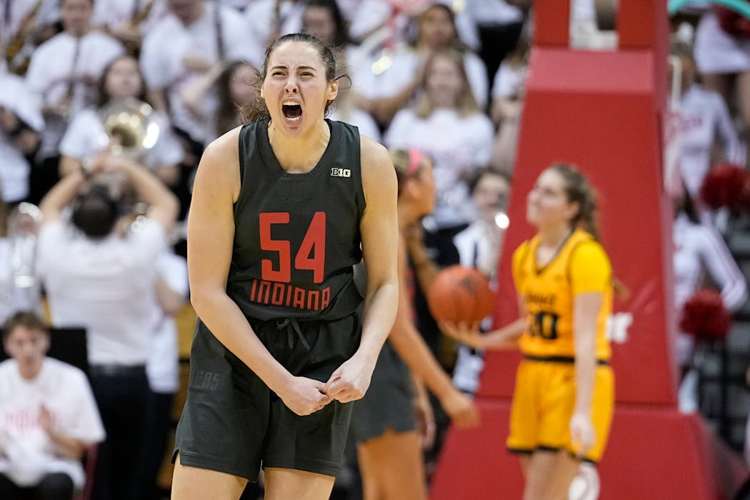Indiana's Mackenzie Holmes (54) is one of the top insider scorers in the Big Ten, but her status is uncertain after she limped off the court in the season finale.