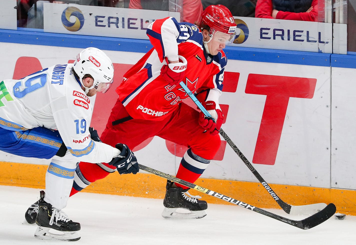 HC Barys Nur-Sultan's Corban Knight, left, and HC CSKA Moscow's Kirill Kaprizov in their 2019/20 Kontinental Hockey League regular season ice hockey match at CSKA Arena on Feb. 13, 2020 in Moscow, Russia. (Mikhail Tereshchenko/TASS/Zuma Press/TNS) ORG XMIT: 1715302