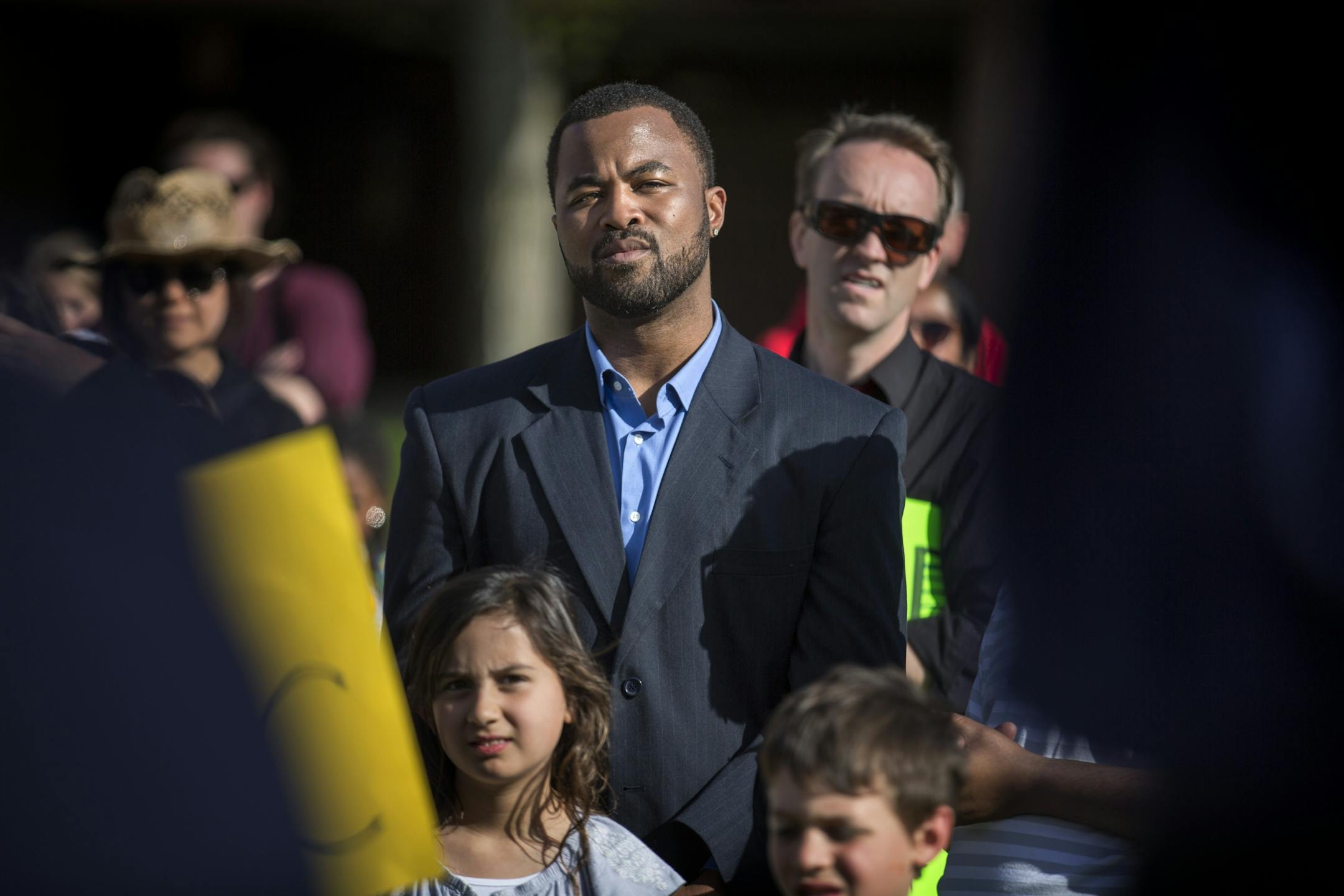 Rashad Turner, of Black Lives Matter St. Paul, at a rally to protest cuts to music, art and other programs in the St. Paul school district.
