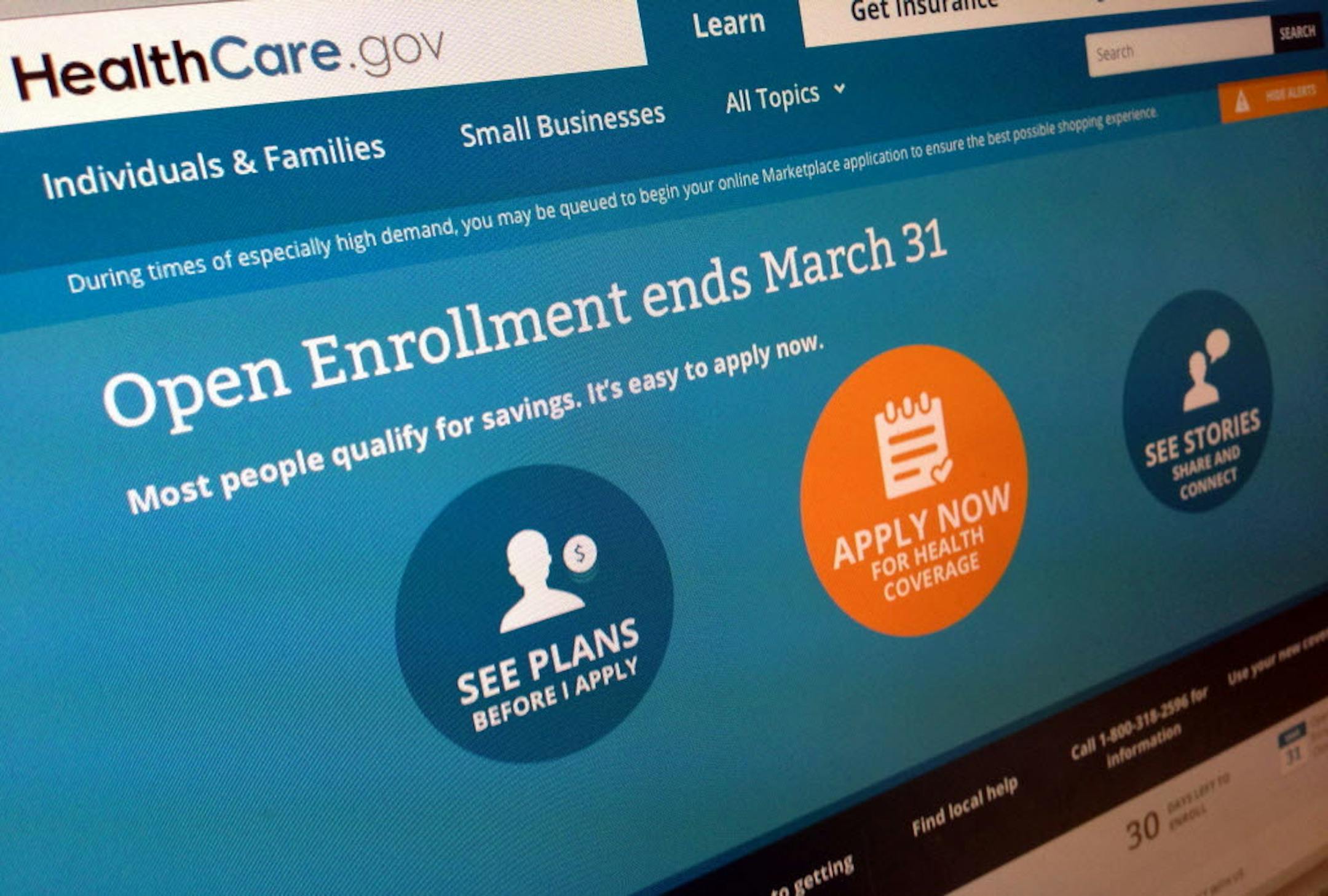 This March 1, 2014, photo shows part of the website for HealthCare.gov.