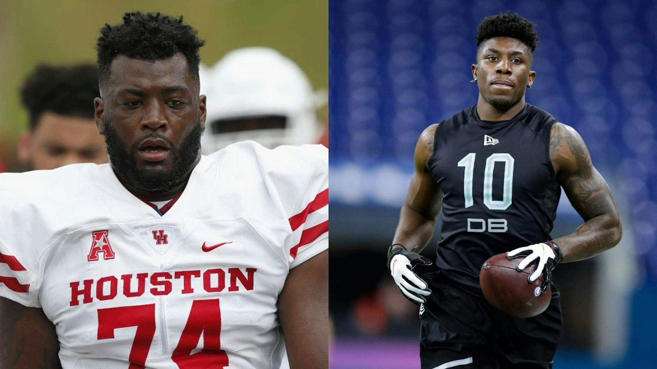Two possible targets for the Vikings in the first round of Thursday's NFL draft: Houston tackle Josh Jones (left) and TCU cornerback Jeff Gladney.