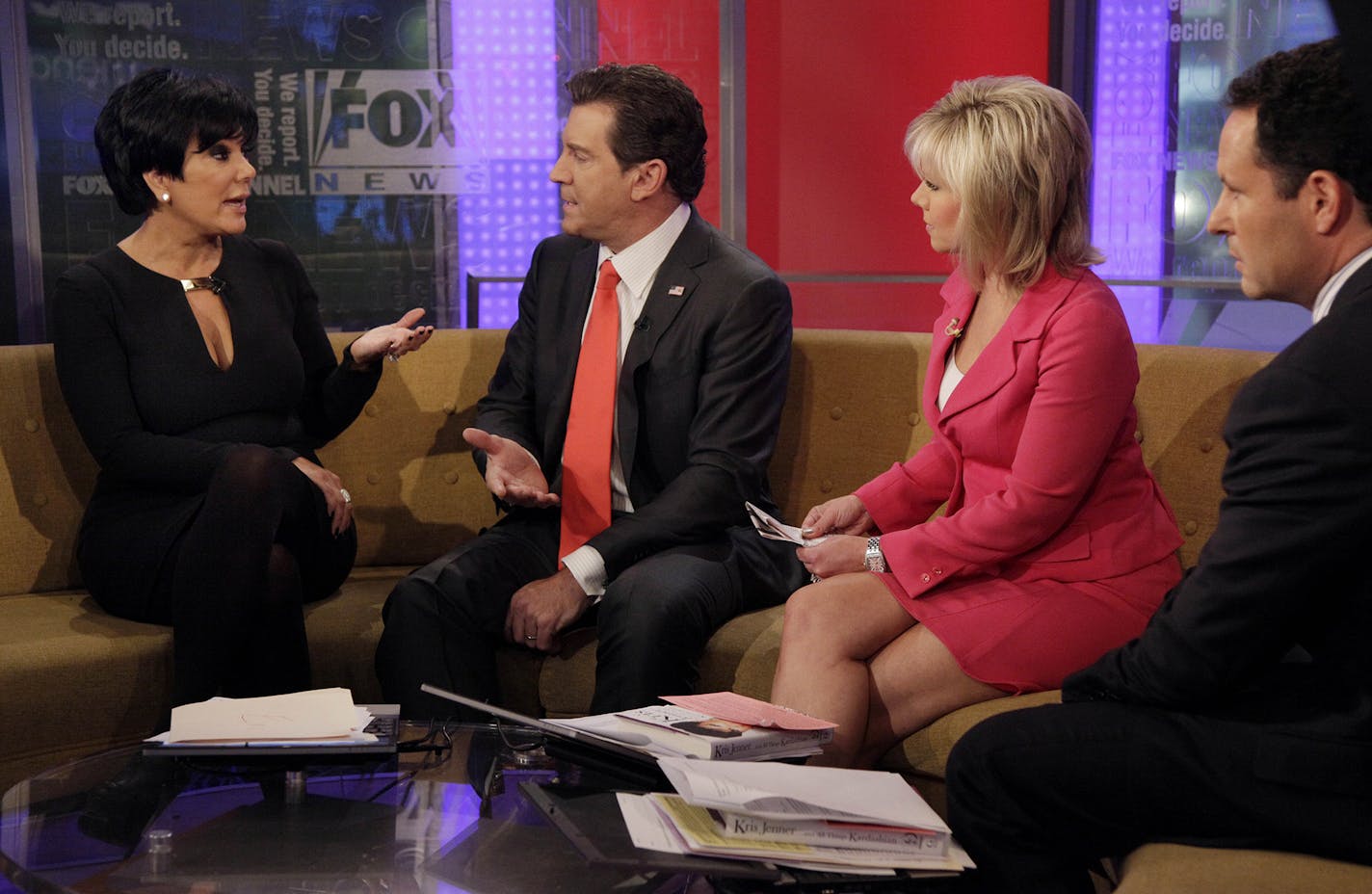 Gretchen Carlson, second from right, and her &#x201c;Fox & Friends&#x201d; colleagues Eric Bolling and Brian Kilmeade interviewed Kris Jenner in November 2011. Kilmeade describes Carlson as &#x201c;always prepared and relentlessly driven.&#x201d; Below, Carlson with President Ronald Reagan at the White House.