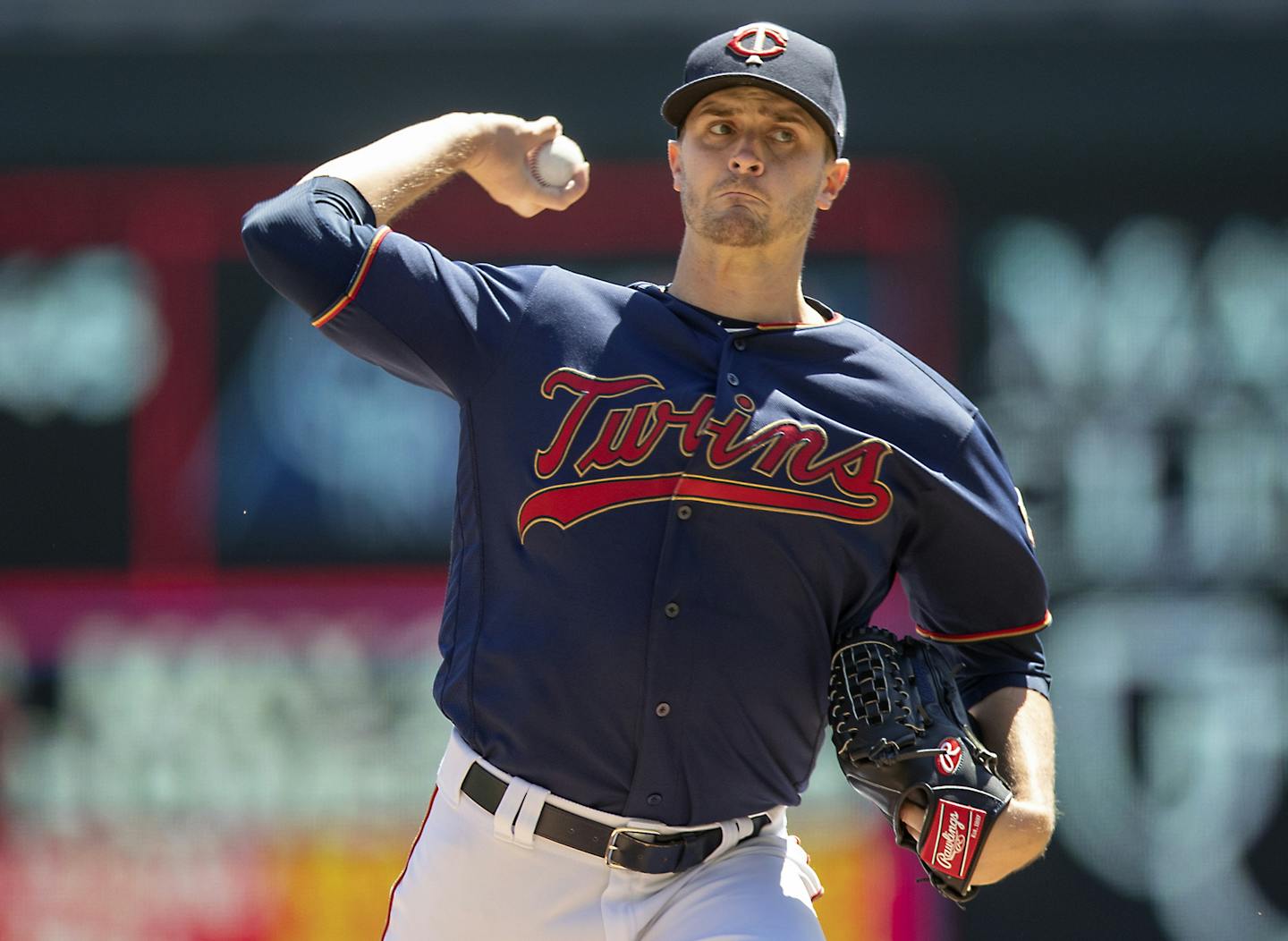 Twins starting pitcher Jake Odorizzi took to the mound during the first inning as the Twins took on the Los Angeles Angels at Target Field, Wednesday, May 15, 2019 in Minneapolis, MN. ] ELIZABETH FLORES &#x2022; liz.flores@startribune.com