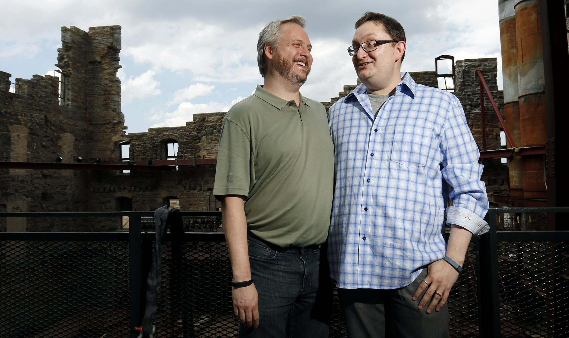 (l to r) Greg Leatherman and Brent Malley will be having their wedding at the Mill City Museum in Minneapolis. ] CARLOS GONZALEZ cgonzalez@startribune.com July 17, 2013, Minneapolis, Minn., Mill City Museum, Greg Leatherman has been asked by some of vendors he contacted while planning his wedding. But there is no bride. Leatherman is marrying his longtime partner, Brent Malley.