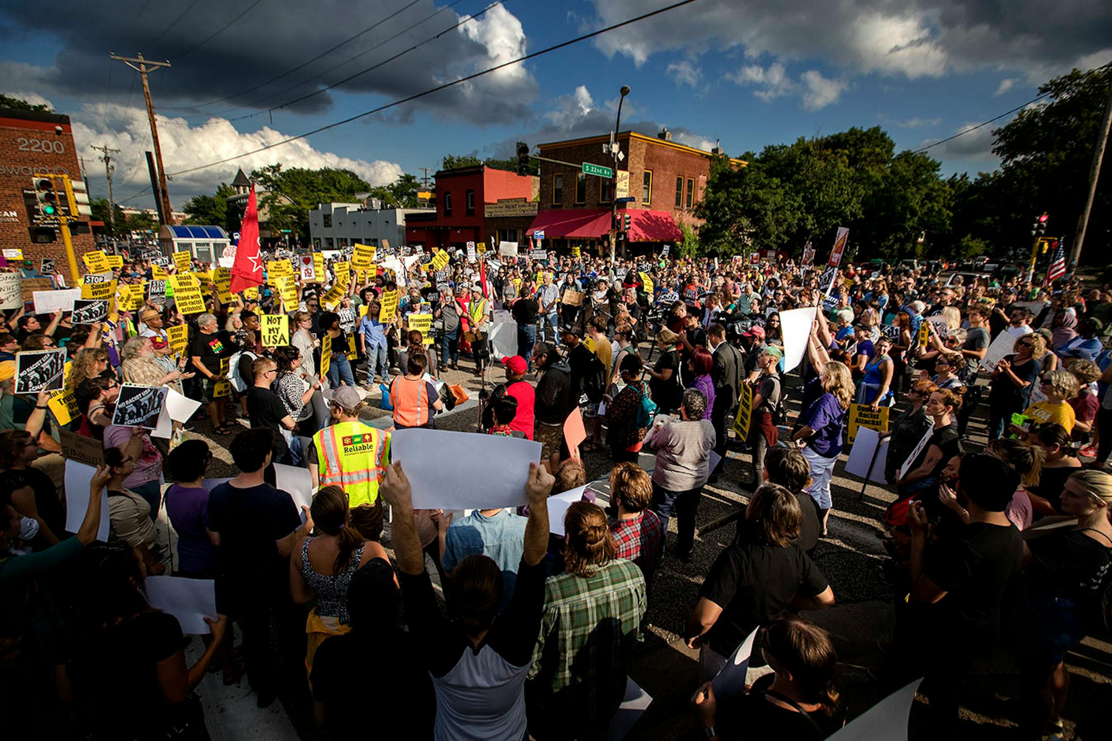 Demonstrators gathered at the Solidarity with anti-racists in Charlottesville in front of the Minneapolis Republican Party office on Franklin Avenue on Monday.