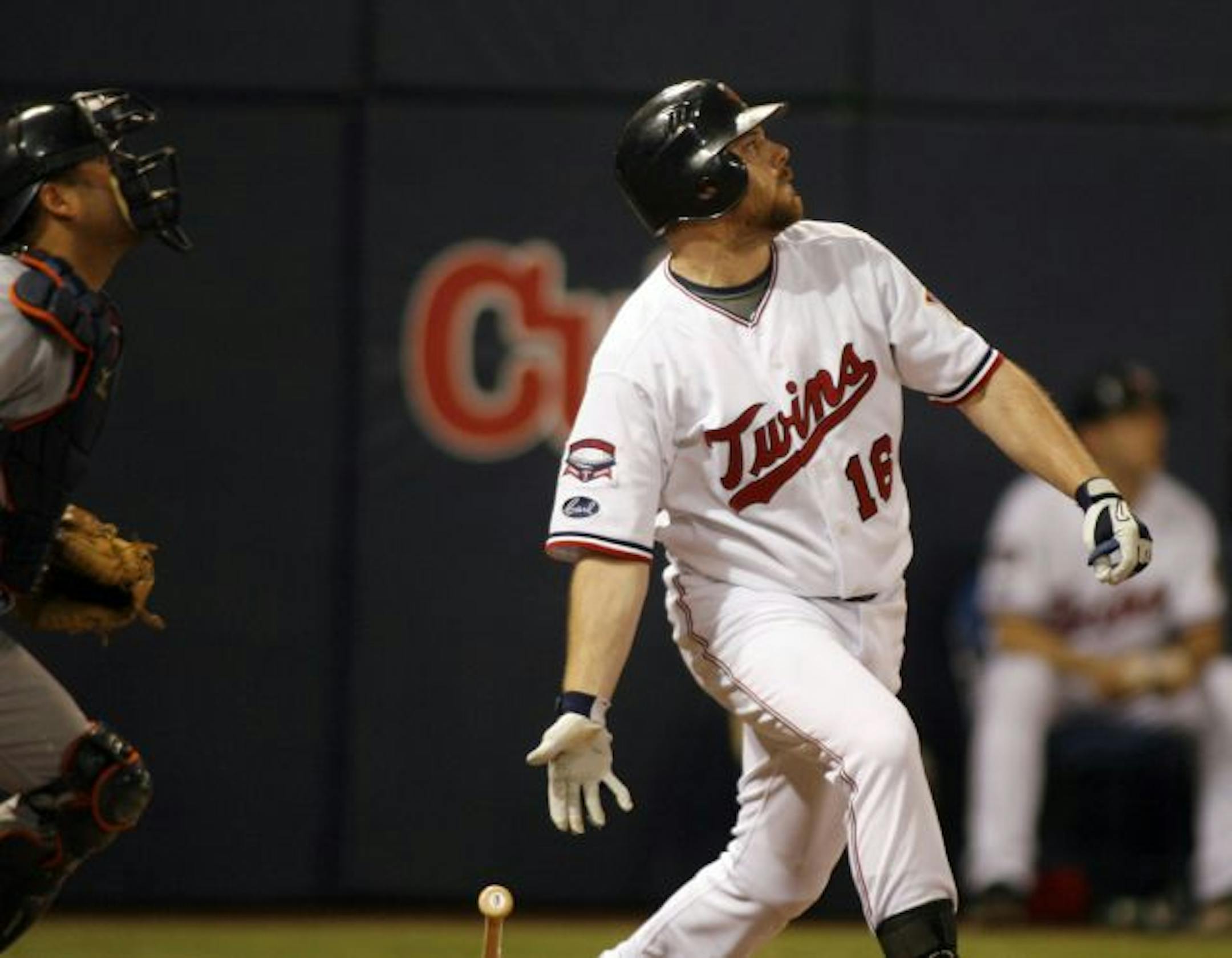 The Minnesota Twins and the Detroit Tigers at the Metrodome. The Twins during 8th inning. The Twins Jason Kubel watches his two-run RBI bloop single fall in the 8th inning of the Twins 6-2 win over Detroit.