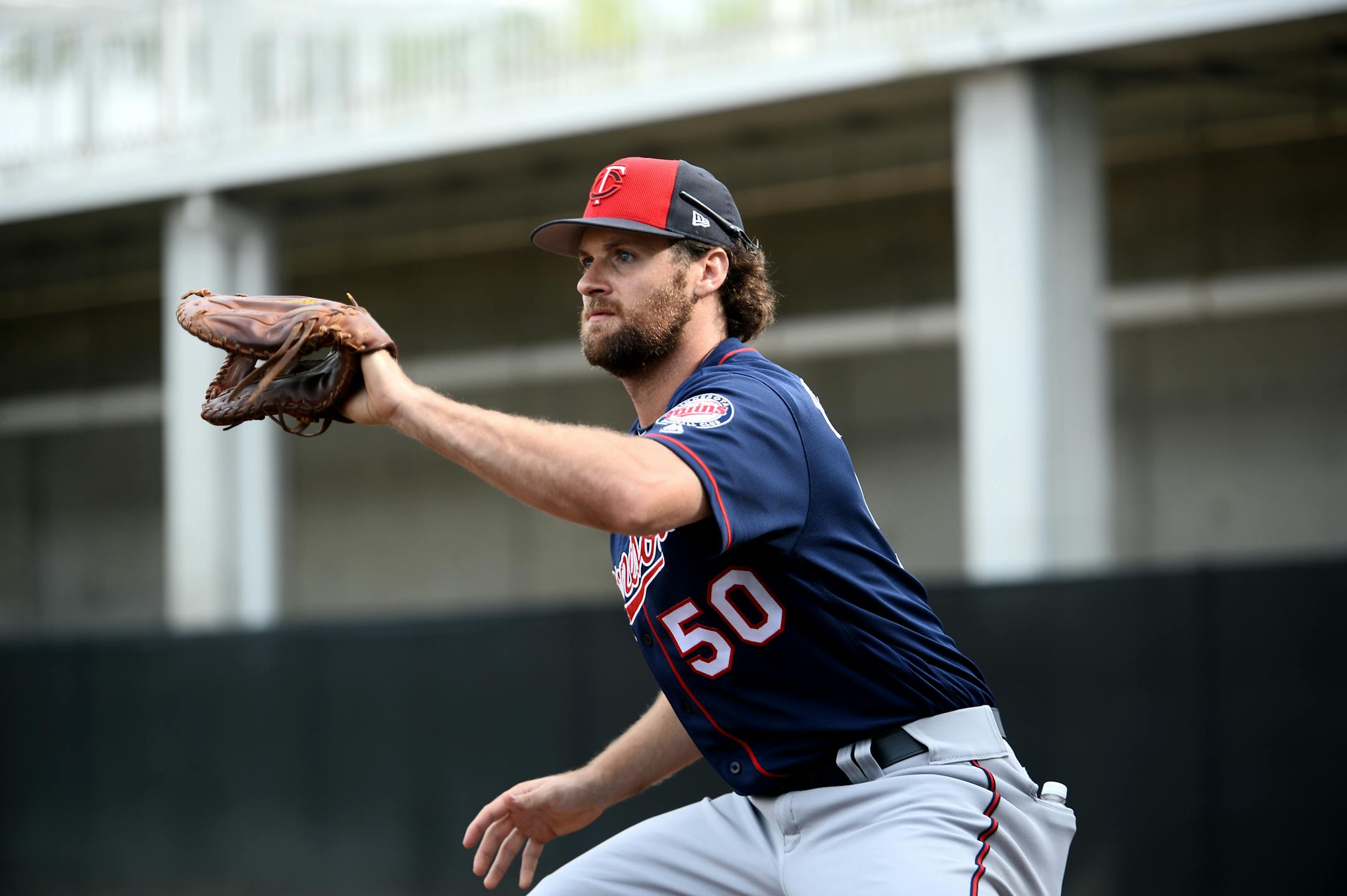 Twins first baseman Ben Paulsen (50) caught the ball during a practice for infielders in Fort Myers.