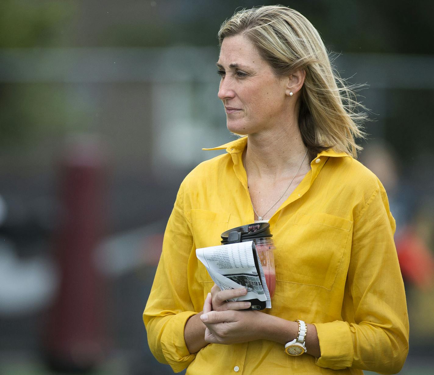 Interim Athletic Director Beth Goetz watched the second practice of the season for Gophers football at Gibson-Nagurski field, in Minneapolis, Minn. on Saturday August 8, 2015. ] RACHEL WOOLF &#xb7; rachel.woolf@startribune.com