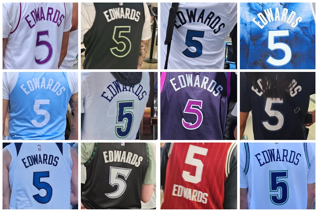 Much thanks to the Basketball Jersey Archive for putting names with all these uniform variations. Left to right from top: 2018-19 Earned (aka the Prince white jersey), 2022-24 Statement, a T-shirt of the 2017-14 Association jersey, 2023-24 City, 2019-20 City, T-shirt of 2023-24 Classic, 2018-19 City (aka the Prince purple jersey), 2017-24 Icon (the standard blue jersey), 2017-24 Association (the standard white jersey), 2018-19 Classic (the old black alternates), 2024 Western Conference All-Star and the ever-popular 2023-24 Classic Edition.
