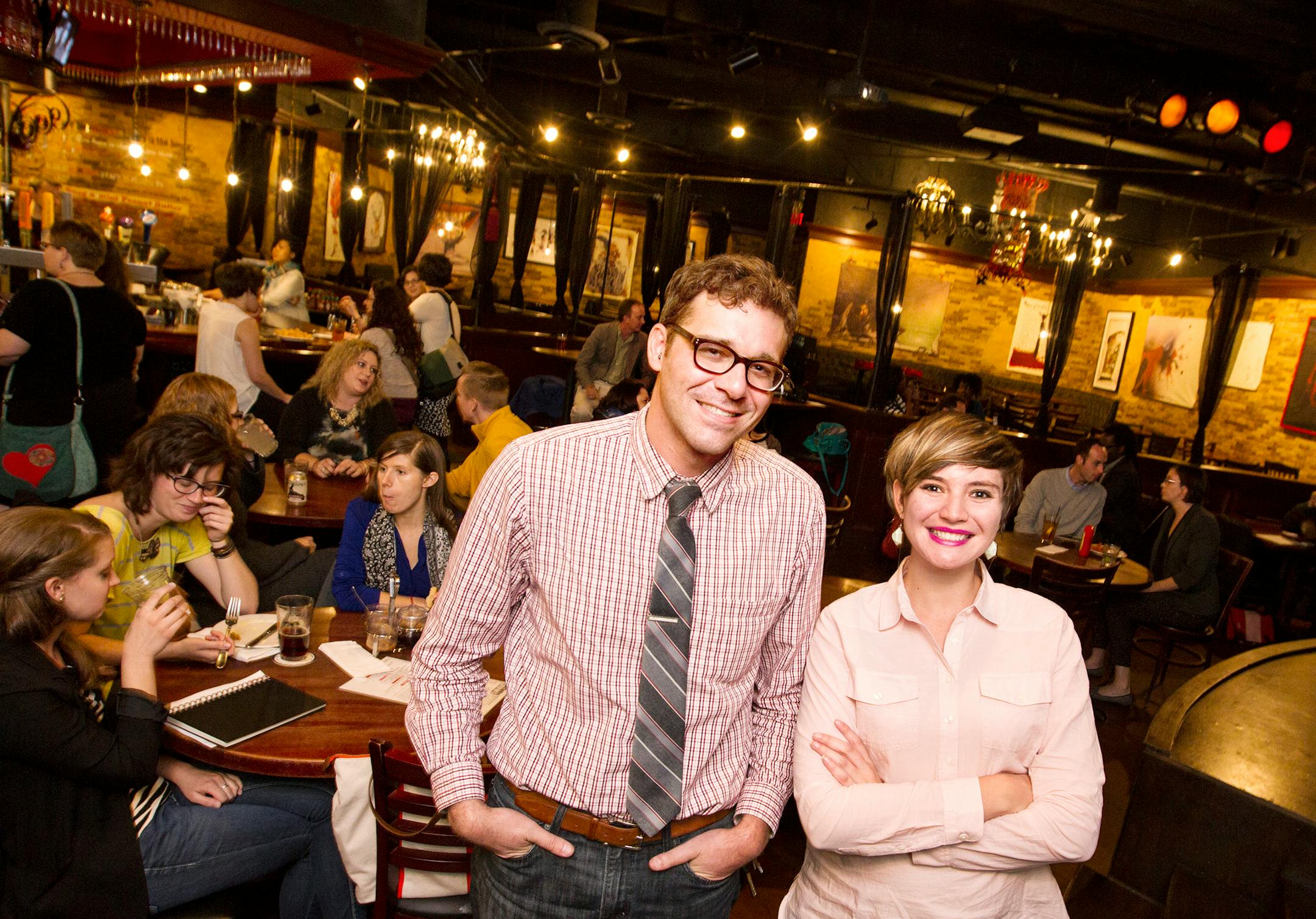 Brian Gioielli, left, and Jamie Millard attend 5 Minutes in Hell, a knowledge-sharing and networking opportunity for young nonprofit professionals at Hell's Kitchen in Minneapolis. The event was hosted by Young Nonprofit Professionals Network of the Twin Cities, of which Gioielli is board vice chair and Millard is board chair. Phoro by Courtney Perry