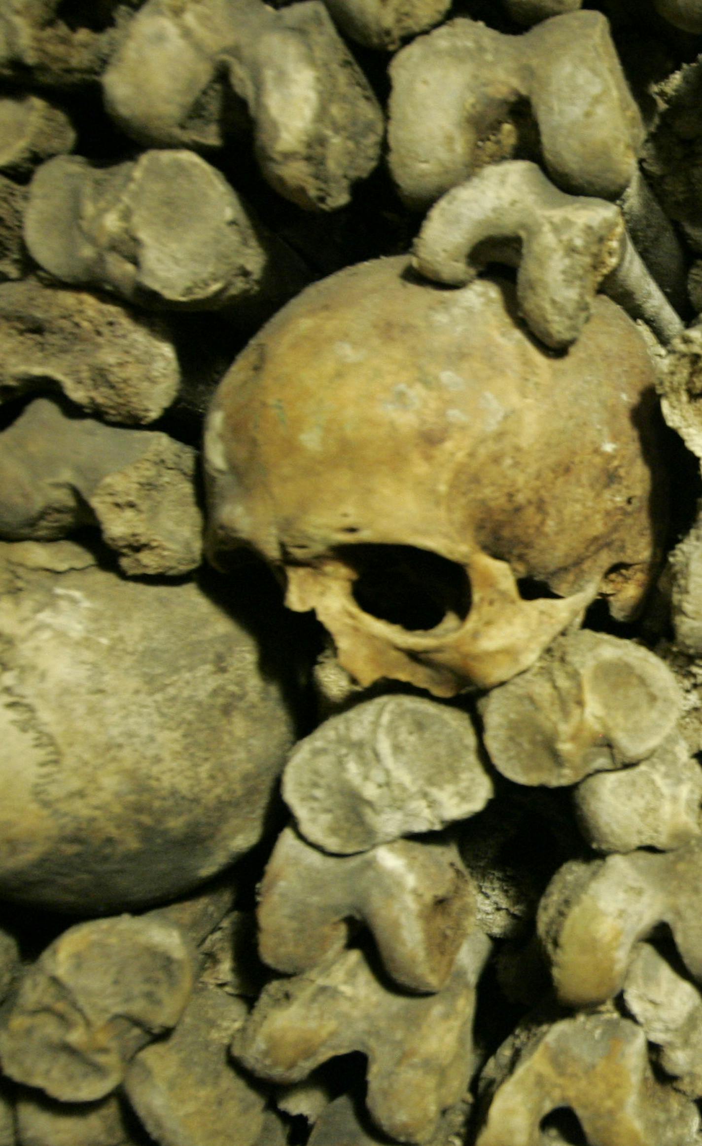 ADVANCE TO GO WITH TRAVEL STORY FOR HALLOWEEN ON WORLD S CREEPIEST PLACES, ATTENTION BETH HARPAZ - Human bones pile up in the catacombs of Paris, Friday Aug.14, 2009. (AP Photo/Jacques Brinon)