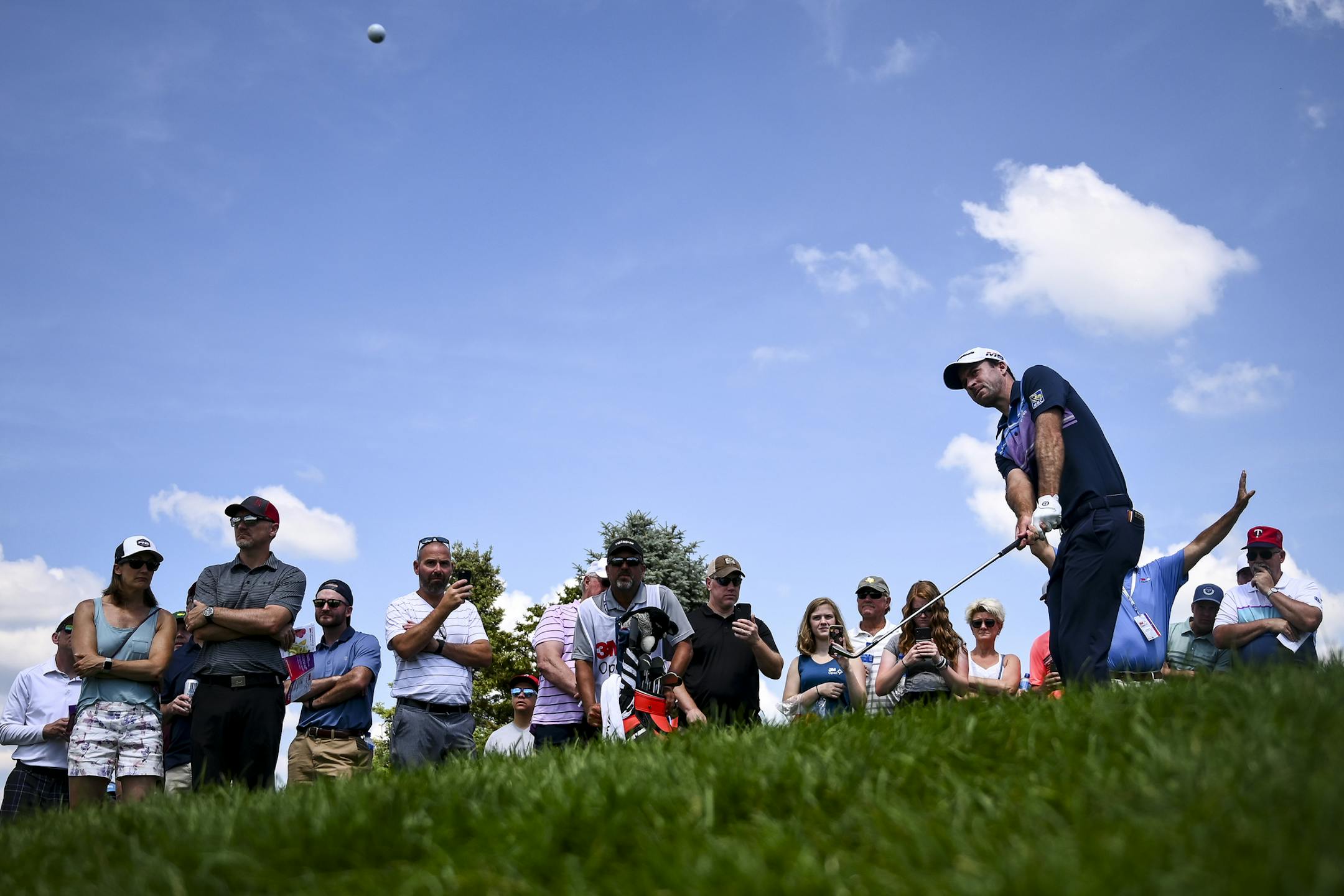 Nick Taylor chipped the ball to the green from the rough on the 9th hole Saturday. He hit for bogey on the hole. ] Aaron Lavinsky ¥ aaron.lavinsky@startribune.com The third round of the 3M Open was held Saturday, July 6, 2019 at TPC Twin Cities in Blaine, Minn.