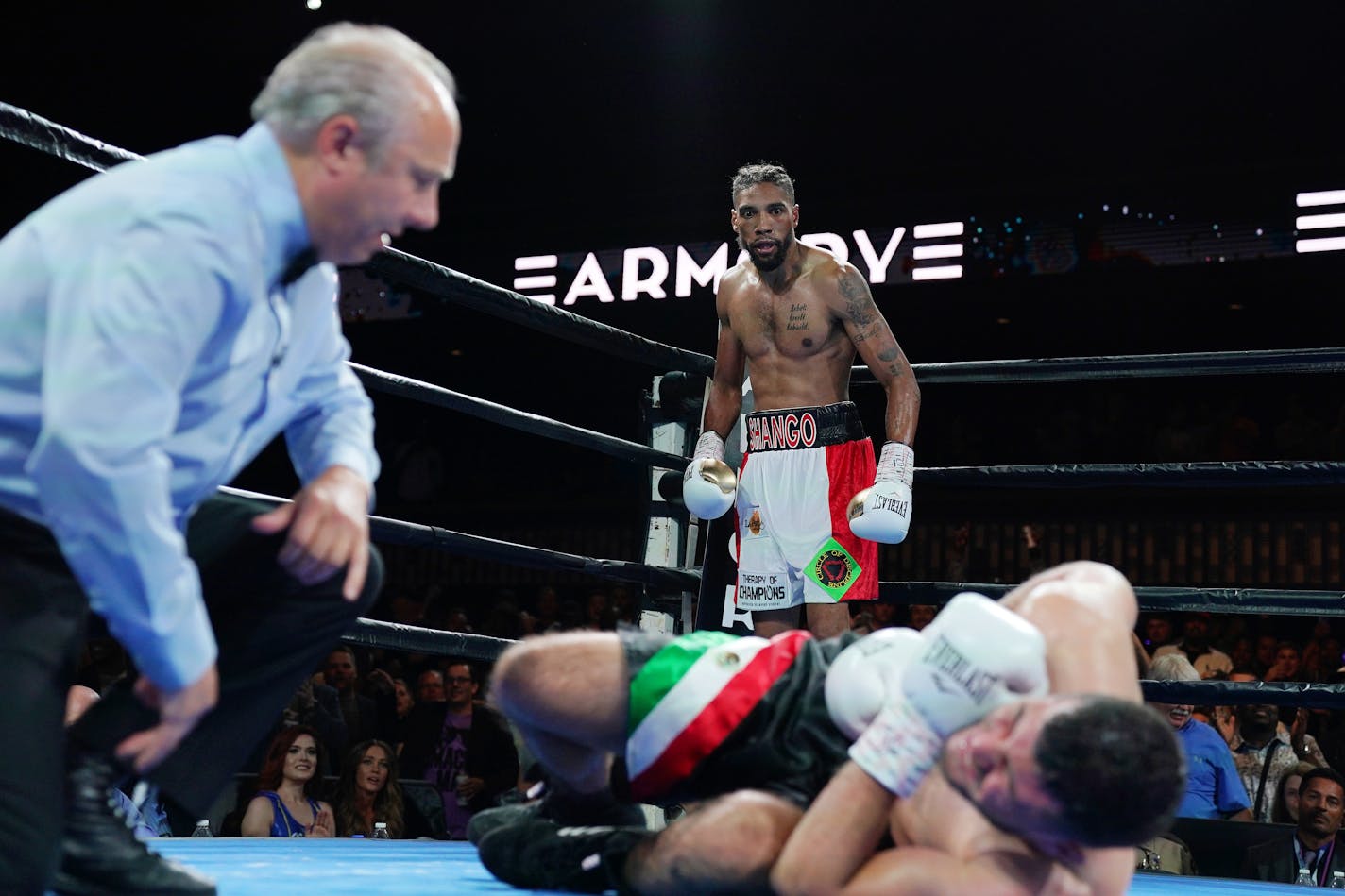 Jamal James reacted after he knocked out opponent Mahonry Montes in the welterweights class.