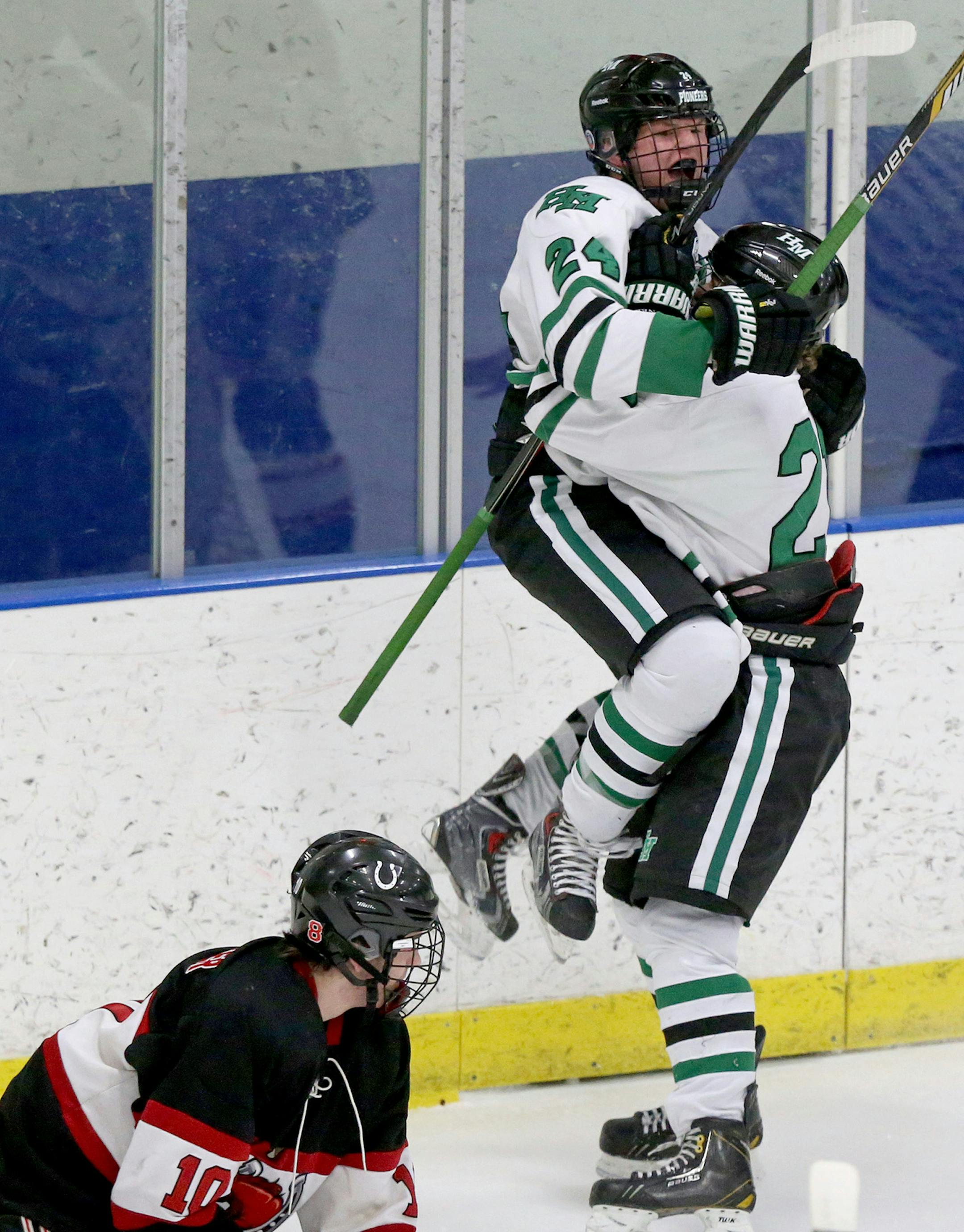 Hill-Murray's Mikey Anderson (24) celebrates first period goal against Stillwater in the 2A boys' hockey section final Friday, Feb. 27, 2015, at Aldrich Arena in Maplewood, MN ](DAVID JOLES/STARTRIBUNE)djoles@startribune.com Class 2A boys' hockey section final, Hill-Murray vs. Stillwater