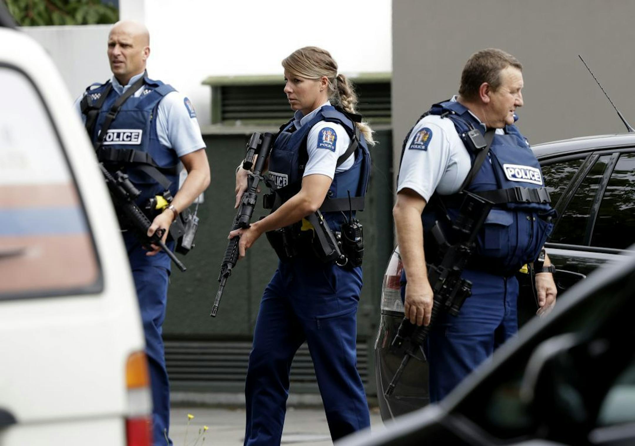 Armed police patrol outside a mosque in central Christchurch, New Zealand, Friday, March 15, 2019. A witness says many people have been killed in a mass shooting at a mosque in the New Zealand city of Christchurch.