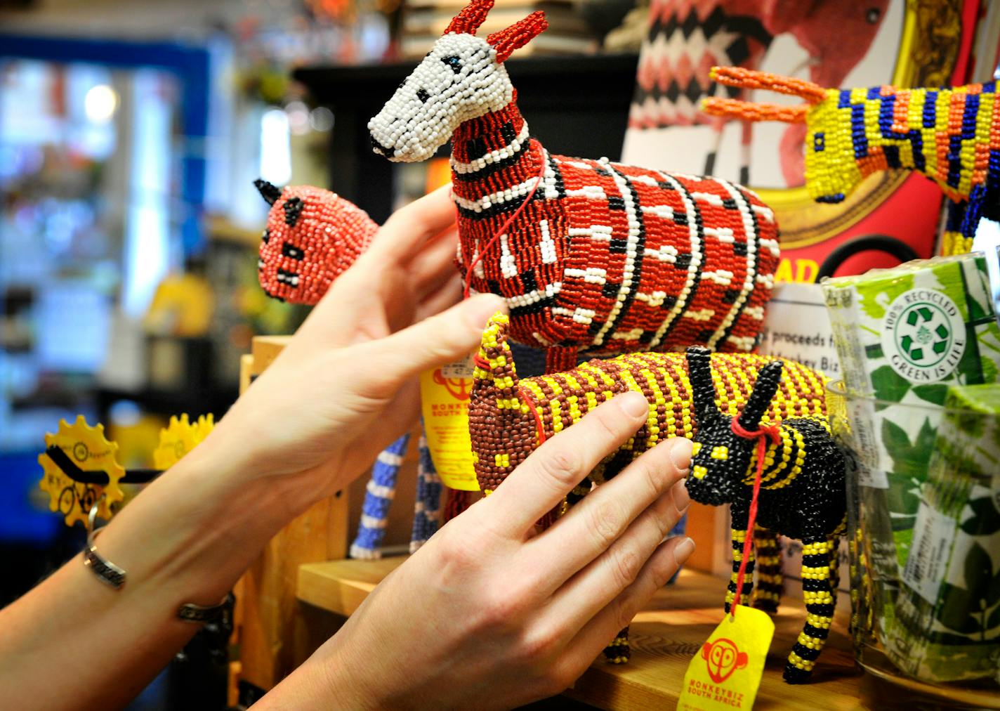 Monkeybiz animals in Bibelot stores are made by disadvantaged people in the townships of Cape Town, South Africa.