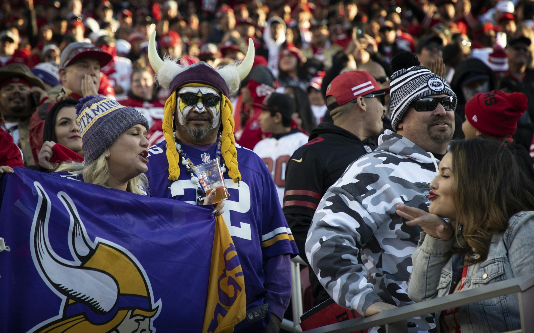 San Francisco 49ers fan Bianca Zavalza right had some fun teasing Minnesota Vikings Kim Sandate left, and her husband Roger late in the fourth quarter. The 49ers defeated the Vikings 27-10.