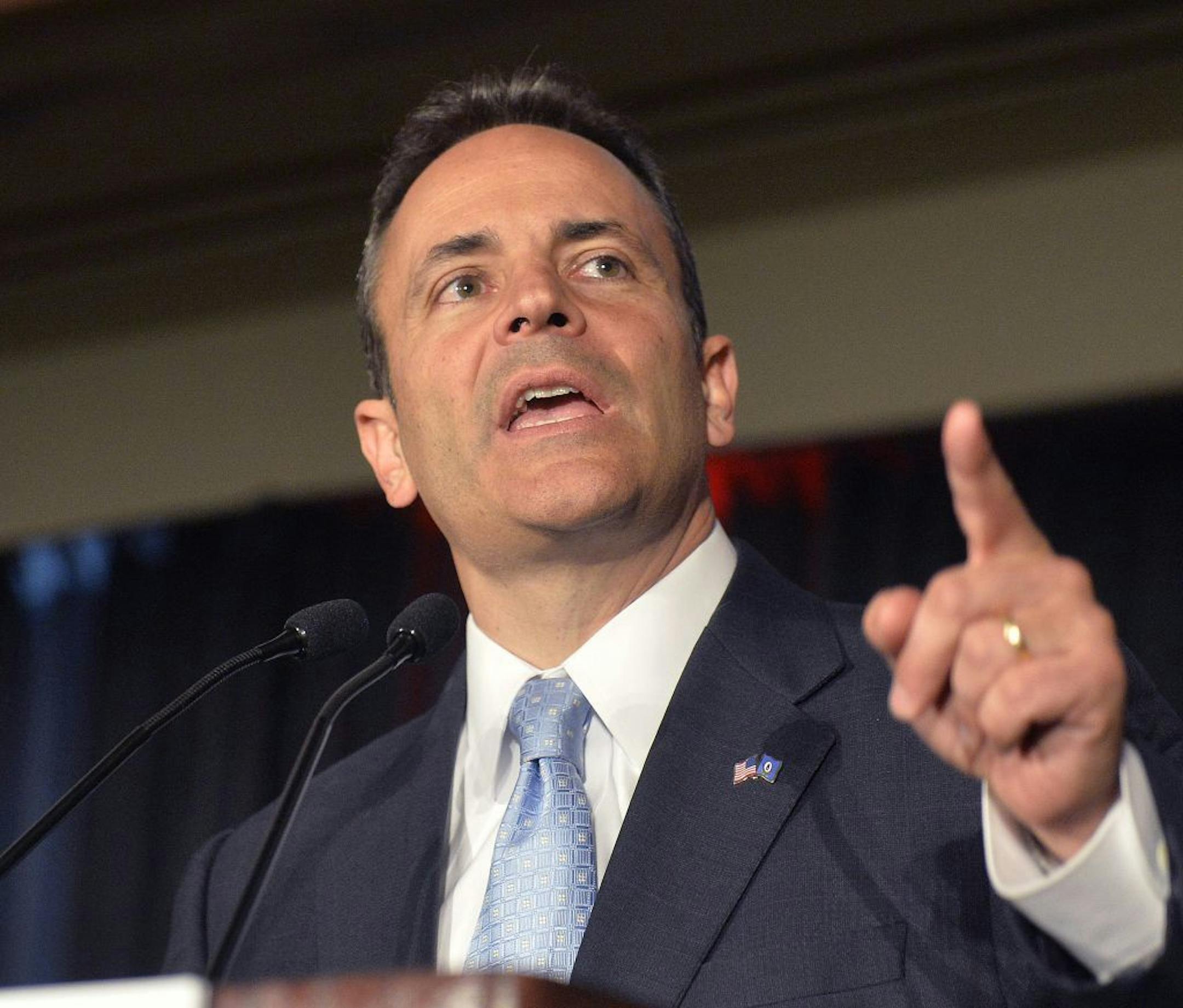 Kentucky Republican Governor-elect Matt Bevin addresses his supporters during his victory speech at the Republican Party victory celebration, Tuesday, Nov. 3, 2015, in Louisville, Ky.