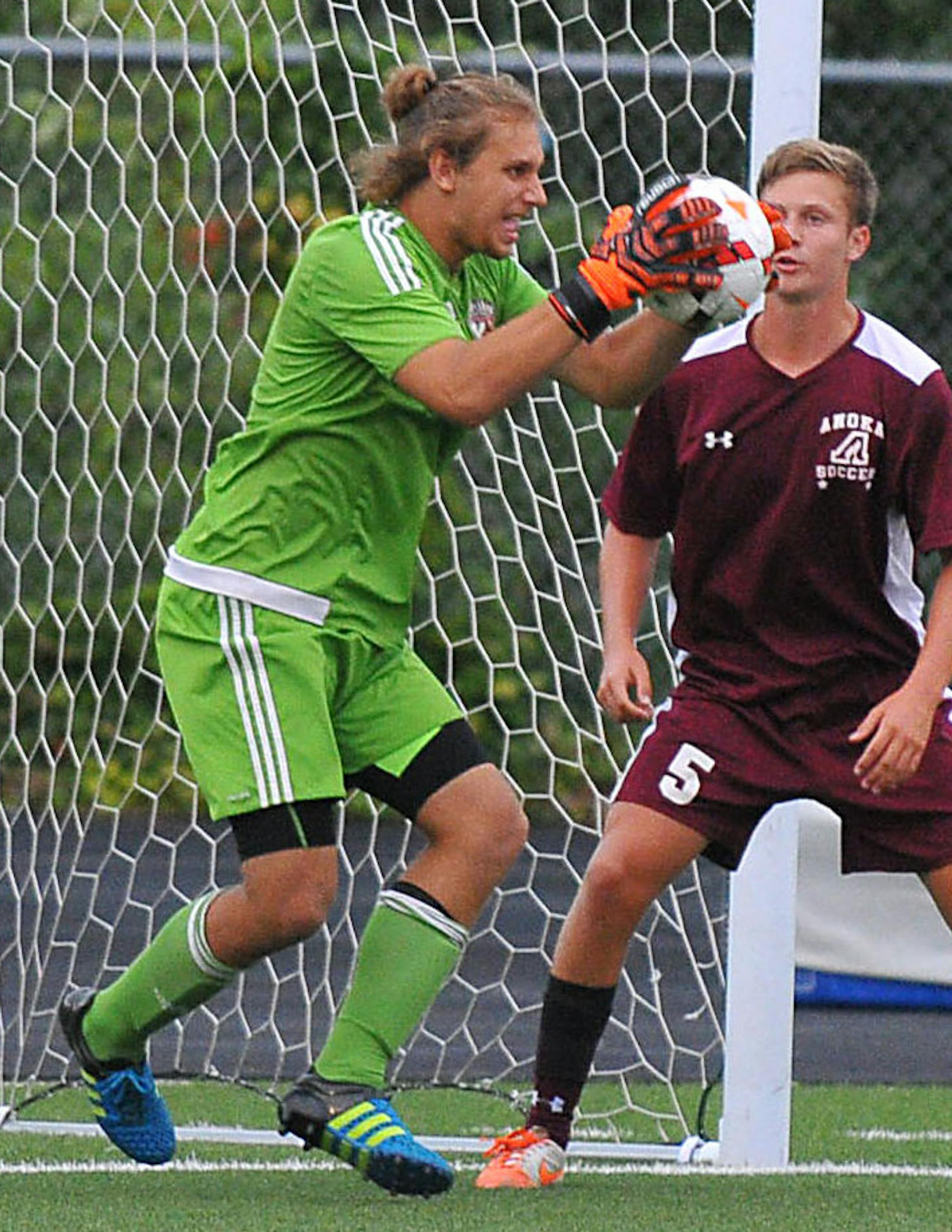 Anoka senior goalkeeper Jake Peterson, in a game earlier this season against Minneapolis Washburn.