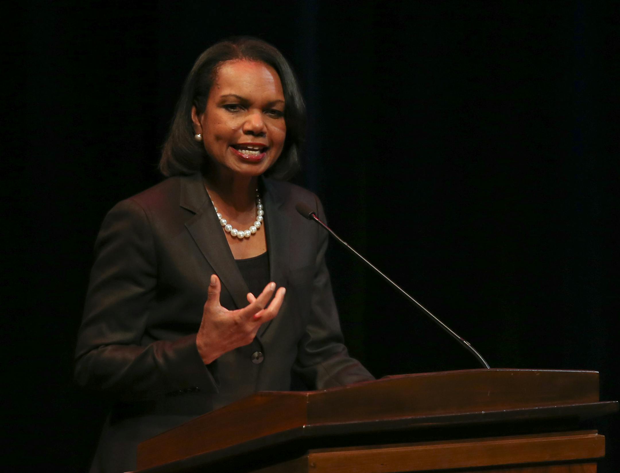 Former Secretary of State Condoleezza Rice delivers a speech on civil rights progress as part of the Distinguished Carlson Lecture Series at Northrop Auditorium Thursday, April 17, 2014 on the University of Minnesota campus in Minneapolis. (AP Photo/The Star Tribune, Jeff Wheeler)