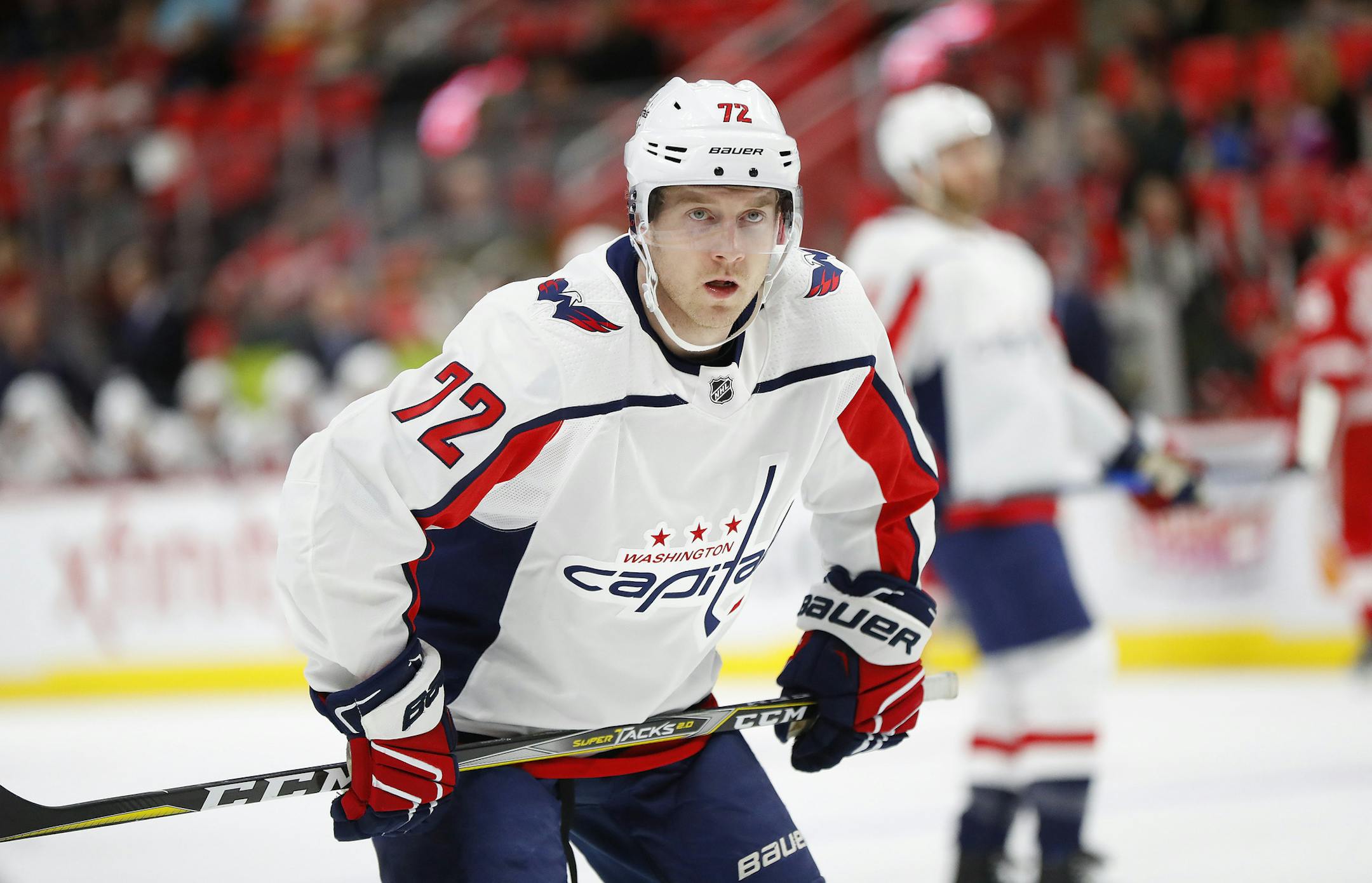 Washington Capitals center Travis Boyd (72) plays against the Detroit Red Wings in the first period of an NHL hockey game Thursday, March 22, 2018, in Detroit. (AP Photo/Paul Sancya) ORG XMIT: MIPS10