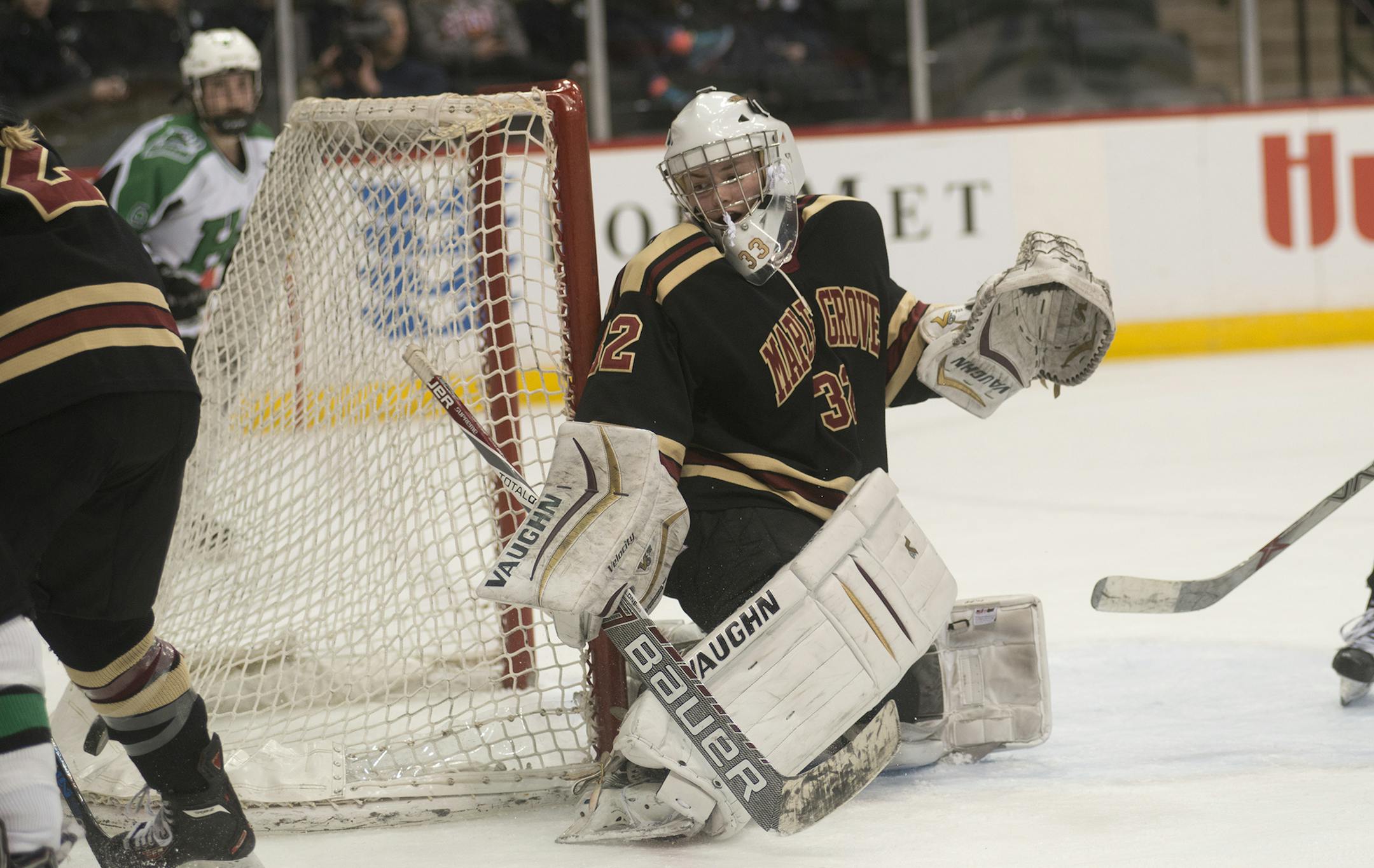 Maple Grove's Breanna Blesi is on high alert at the goal during the second period of the Girls' Class 2A State Hockey Semifinal, Feb. 19, 2016, at the Xcel Energy Center in St. Paul, MN. ] (Matthew Hintz, 021916, St. Paul)