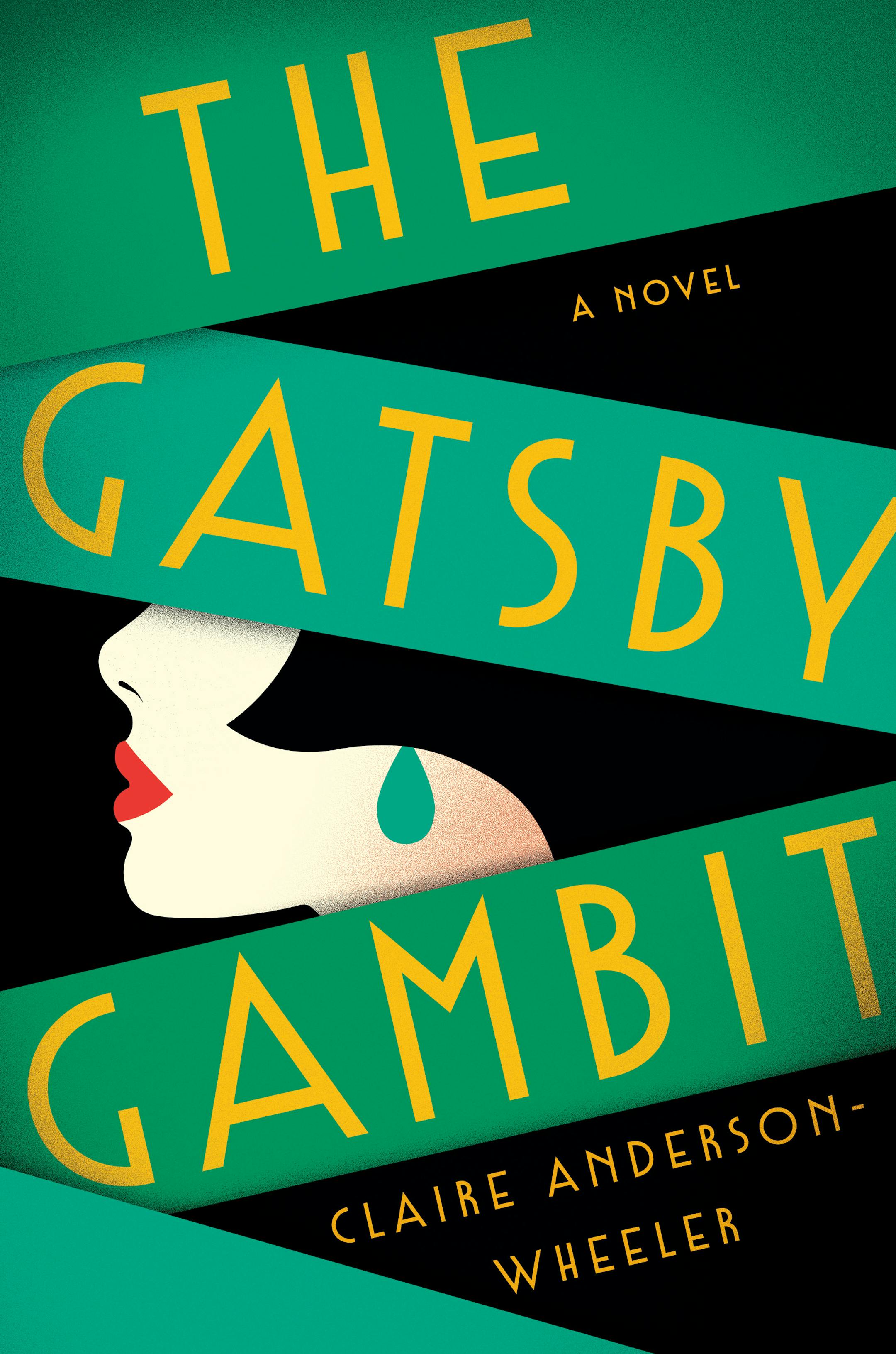 green cover of The Gatsby Gambit is an illustration of the profile of a woman with red lips and a green earring