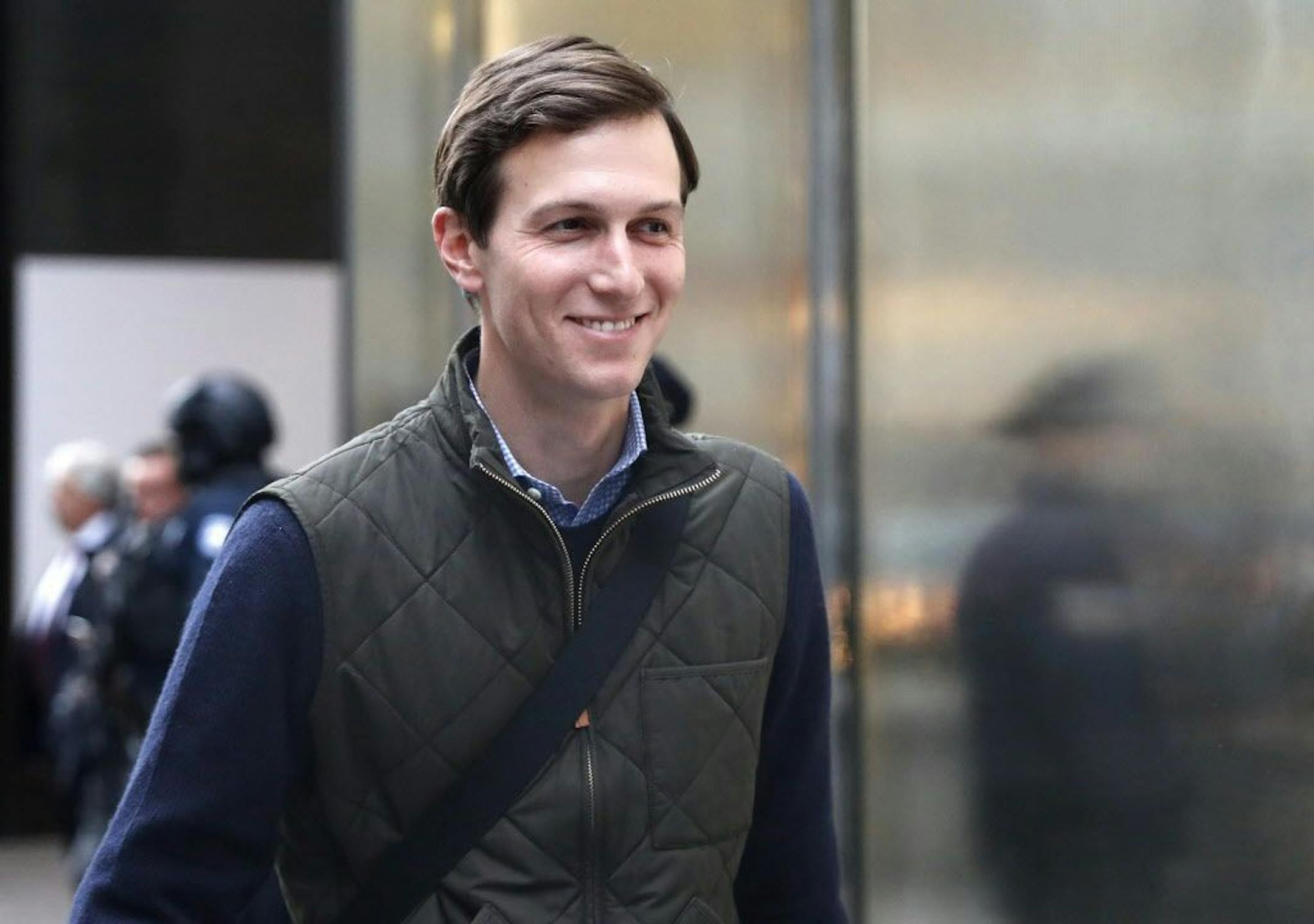 File - In this Monday, Nov. 14, 2016 file photo, Jared Kushner, son-in-law of of President-elect Donald Trump walks from Trump Tower, in New York.