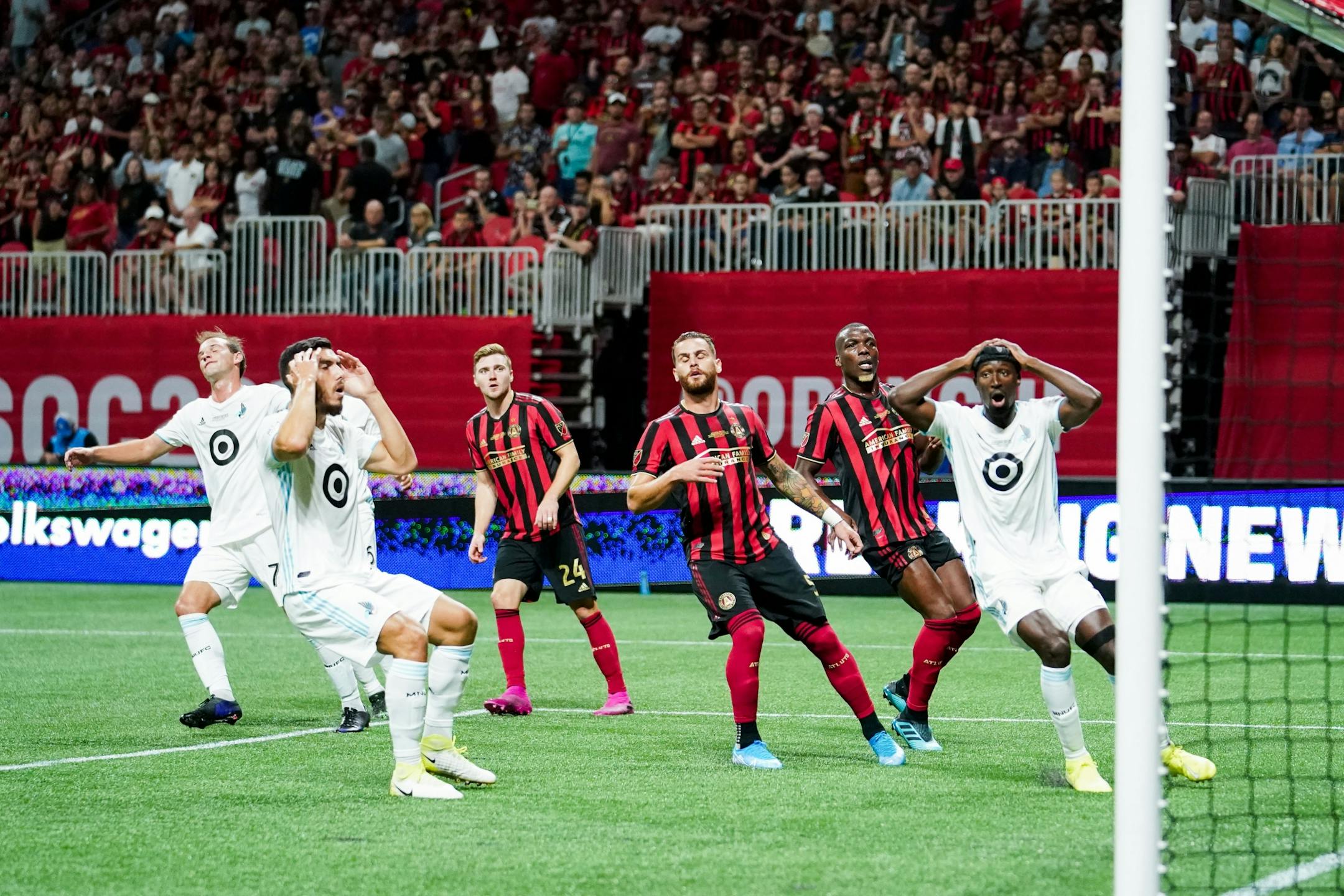 Minnesota United players react after missing an opportunity to score during the U.S. Open Cup against the Atlanta United at Mercedes-Benz Stadium in Atlanta on Tuesday, Aug. 27, 2019. Photo by Kevin D. Liles for the Star Tribune