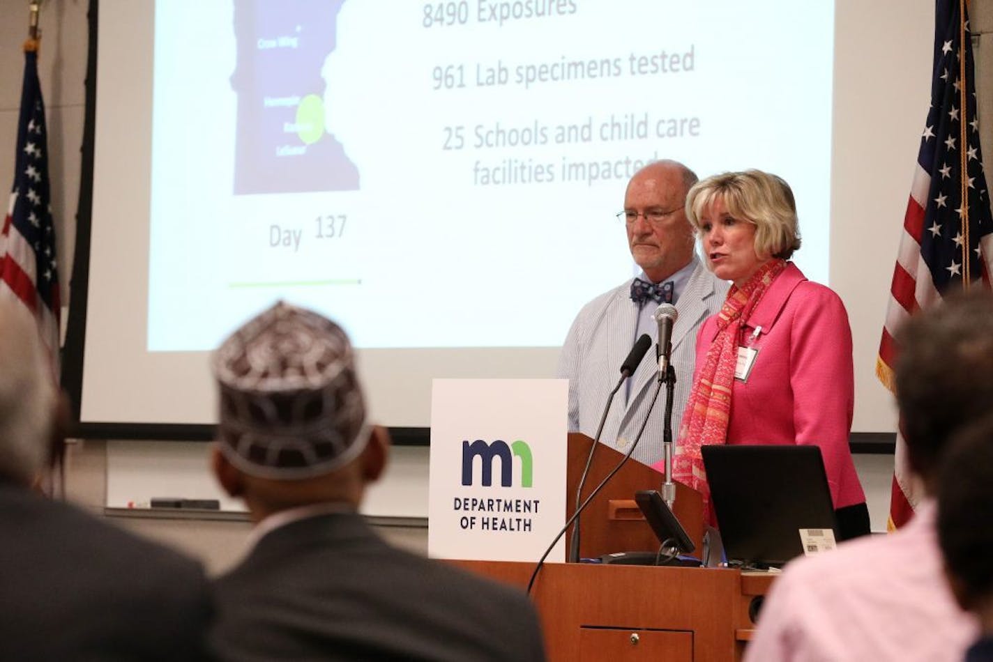 Minnesota health commissioner Dr. Ed Ehlinger and Kris Ehresmann, director of infectious disease for the Minnesota Department of Health, answered questions during the press conference announcing the end of the measles outbreak.