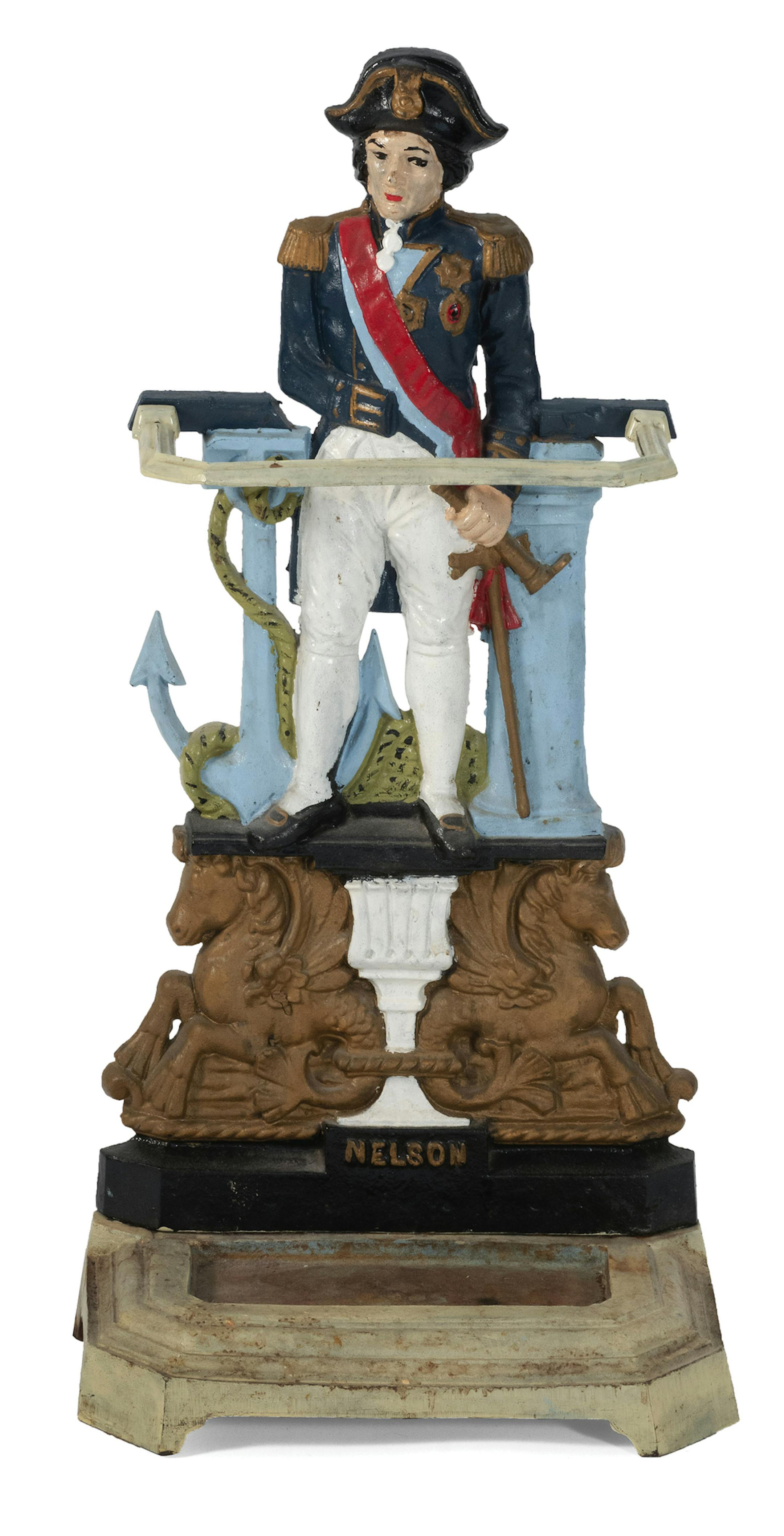 This iron figure representing Horatio Lord Nelson is part of an iron umbrella holder made for the front hall of a Victorian house. Few collectors today would recognize the man as a British naval hero who lived from 1758 to credit: Eldred's Auction House