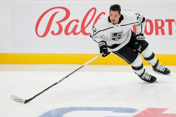 Los Angeles Kings left wing Kevin Fiala warms up before the start of an NHL hockey game against the Florida Panthers, Friday, Jan. 27, 2023, in Sunris