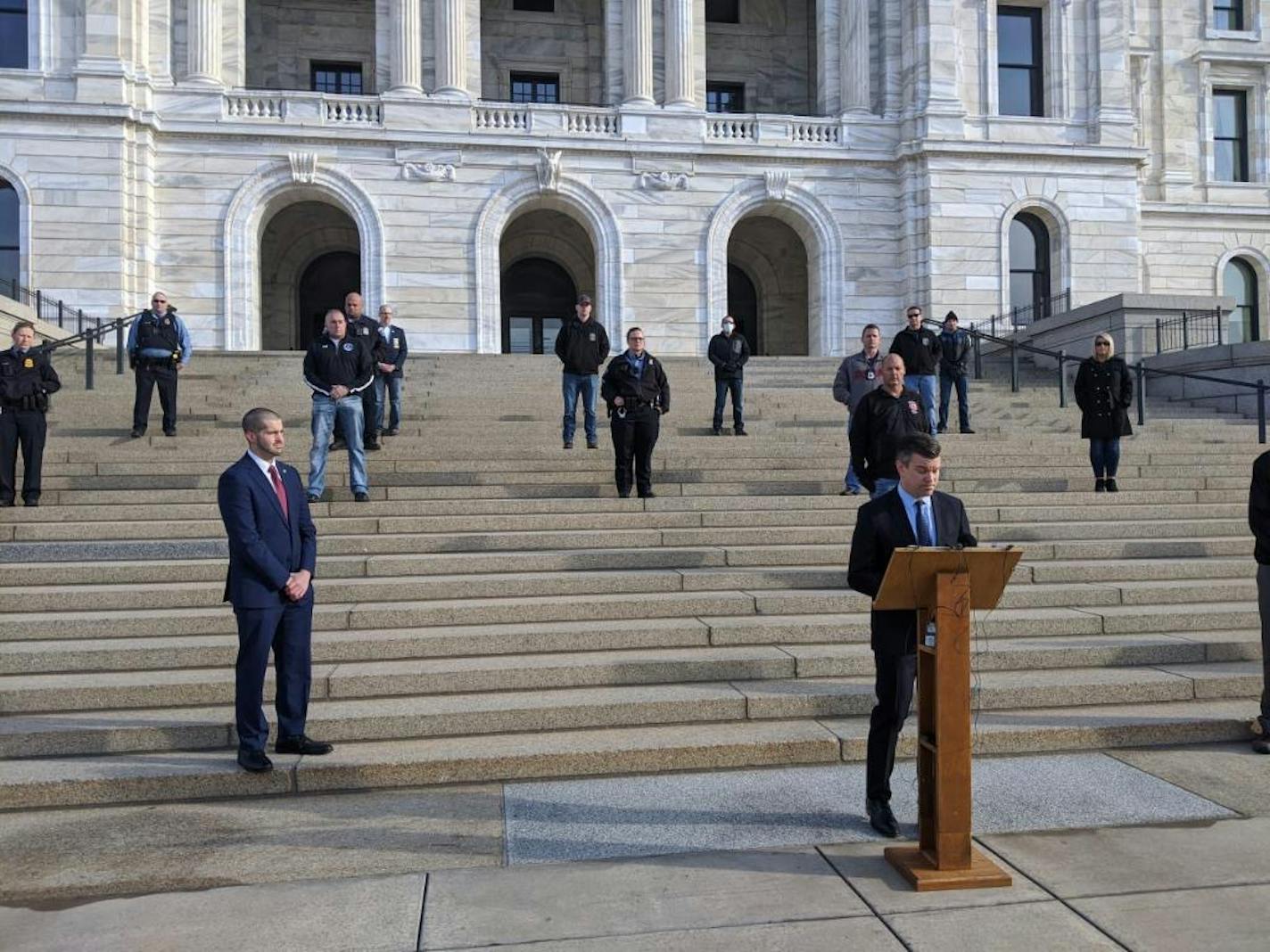 Minnesota House Majority Leader Ryan Winkler speaks as first responders call for an executive order to cover them under workers compensation if they contract COVID-19.