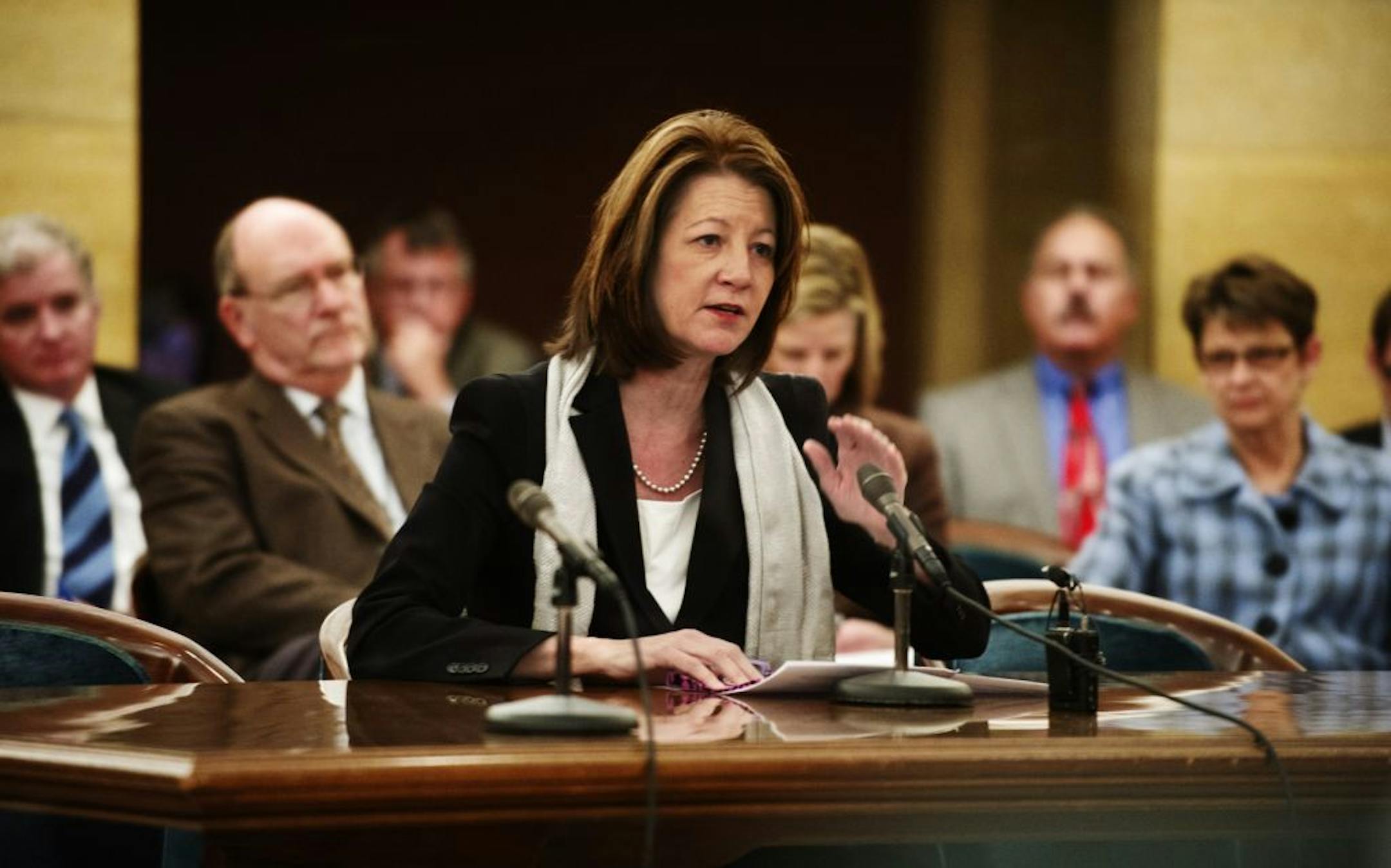 Department of Human Services Commissioner Lucinda Jesson meets for the first time with the Senate Health and Human Services committee. The new Health Commissioner, Dr.Edward Ehlinger, is seated just behind and to the left of Jesson, was introduced to the committee next.