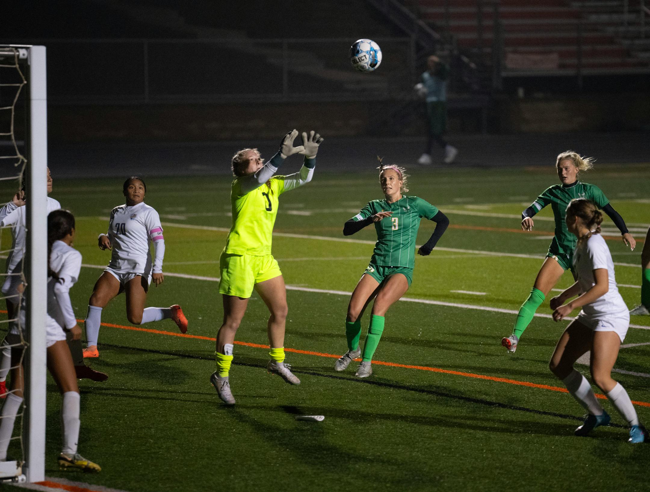 St. Michael-Albertville keeper St. Michael-Albertville grabbed the ball on an Edina corner kick in the second half.
