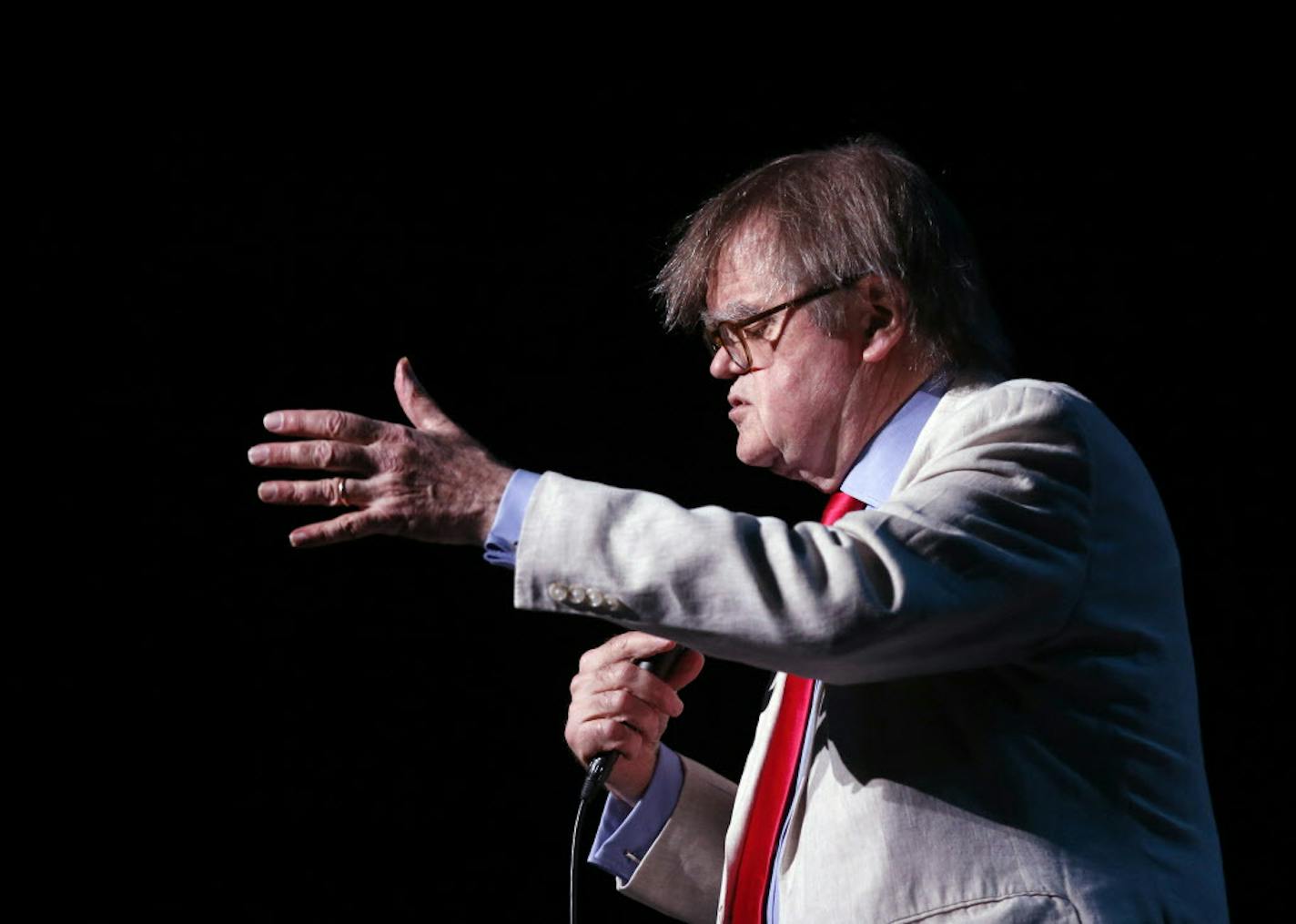 Garrison Keillor, shown during a 2016 "Prairie Home Companion" show, gave his first interview since his break with MPR.