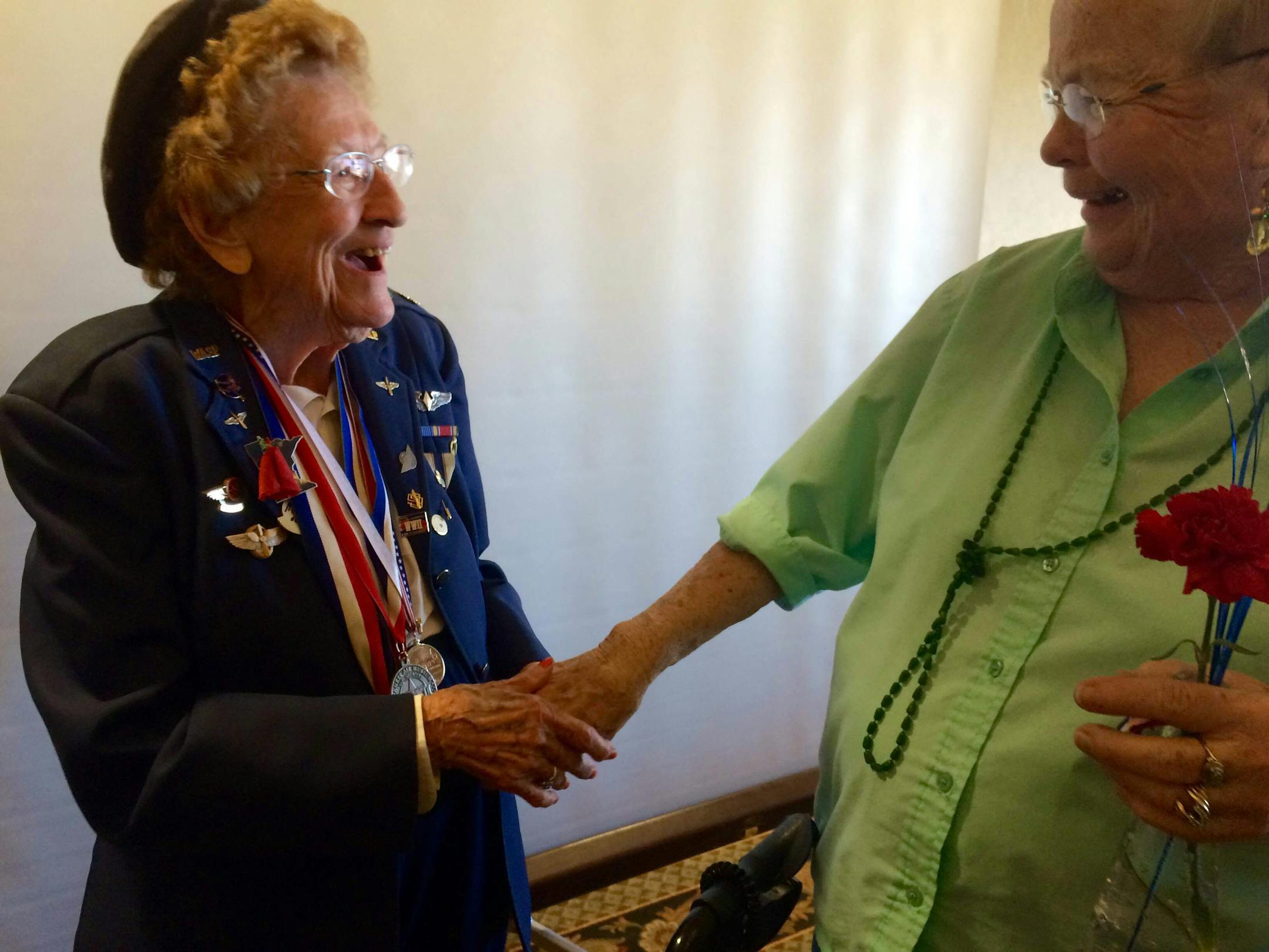 Elizabeth "Betty Wall" Strohfus shared her challenges in the male-dominated field of aviation with about 60 residents — mostly female — at Chandler Place Assisted Living in St. Anthony on Tuesday.
