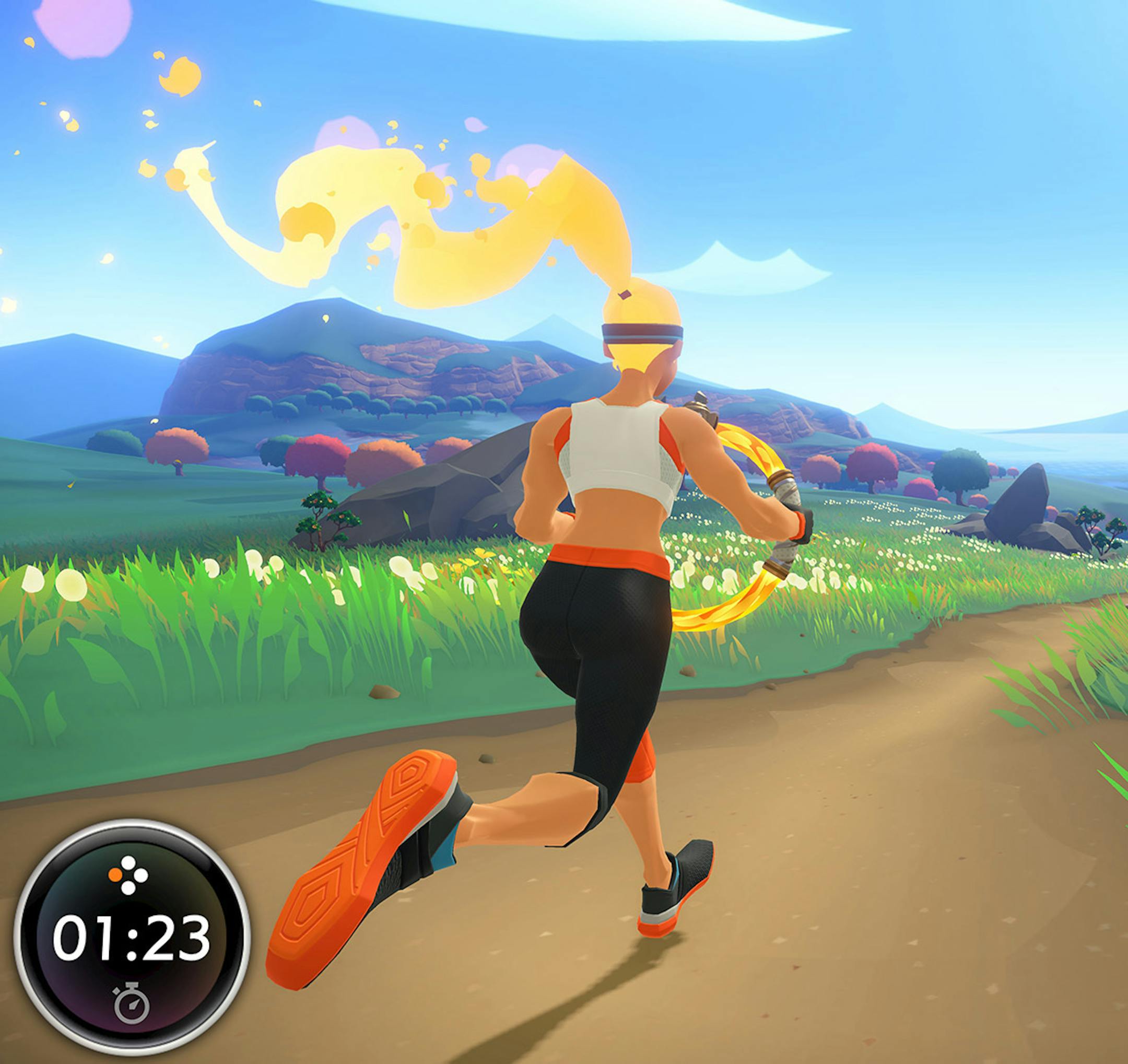 Players run in place to make their avatar move in "Ring Fit Adventure" on the Nintendo Switch. (Nintendo of America/TNS) ORG XMIT: 1534483