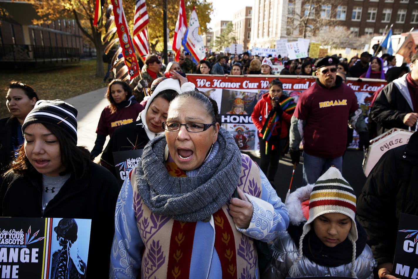 Dorene Day sang the American Indian Movement theme song during a march before the Minnesota-Washington NFL game in 2014.