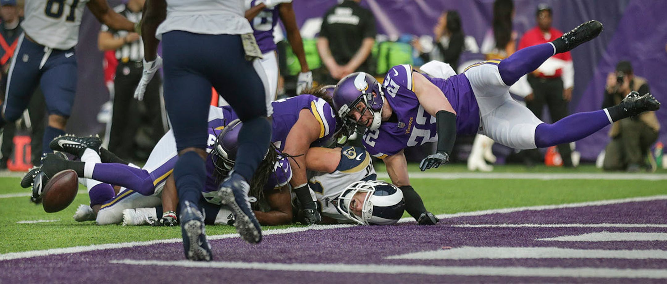 Minnesota Vikings Anthony Harris forced Rams Cooper Kupp to fumble at the goal line, recovered by Harris on the 1 yard line to stop the Rams in the 2nd quarter. ] Minnesota Vikings -vs- Los Angeles Rams, U.S. Bank Stadium
BRIAN PETERSON ï brian.peterson@startribune.com
Minneapolis, MN 11/19/2017