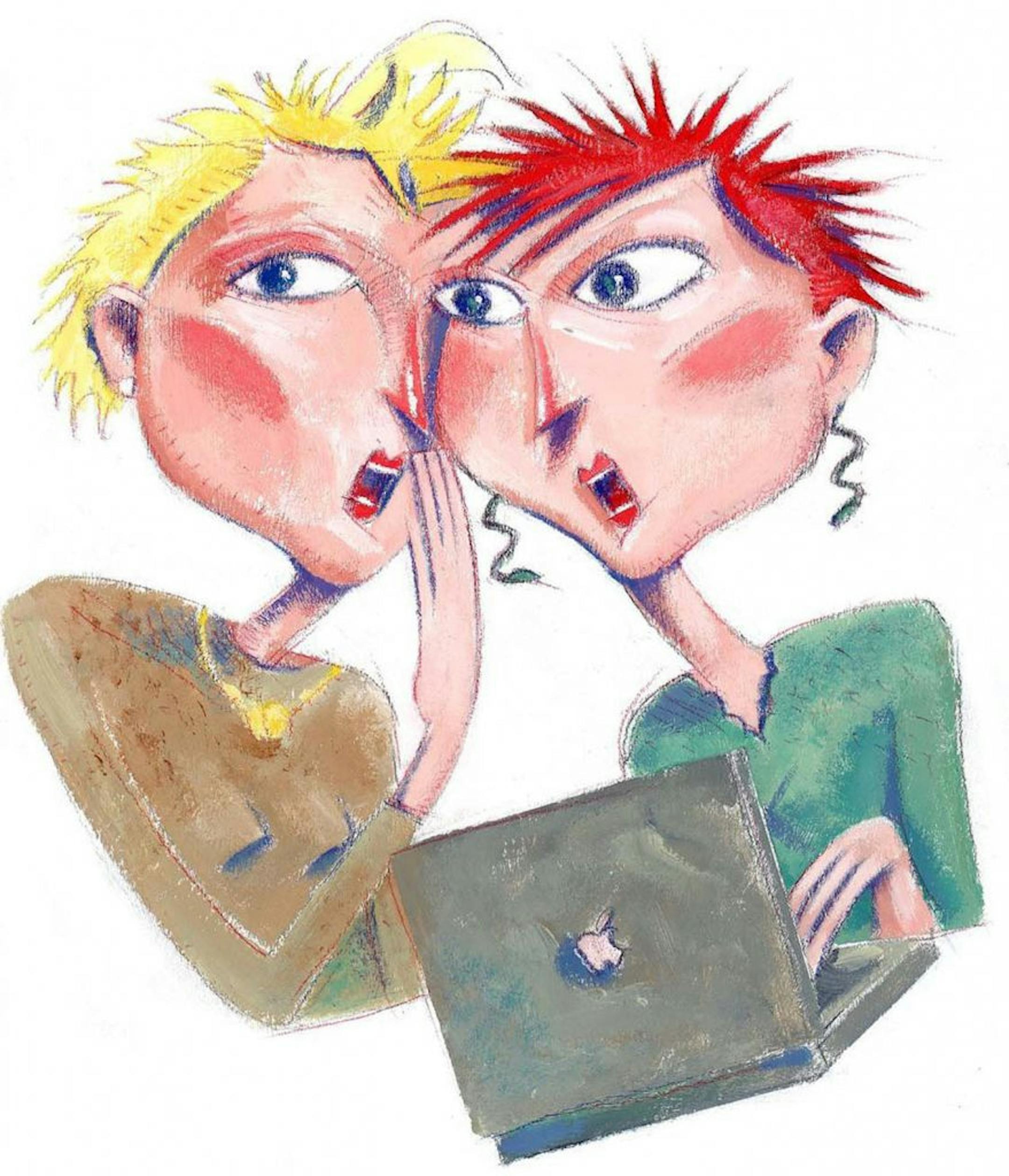 300 dpi 2 col x 4.5 in / 96x114 mm / 327x389 pixels John Shew, color illustration of two women gossiping at the office. St. Louis Post-Dispatch 2003 With RELATE-GOSSIP:SL, St. Louis Post-Dispatch by Lorraine Kee <p> KEYWORDS: relate gossip features feature office secret risk diversity women illustration relatar habladora chismoso murmuradora comadre charla chismosa murmuracion oficina secreto aspecto aspectos riesgo mujer ilustracion grabado contributed sl shew kee 2003