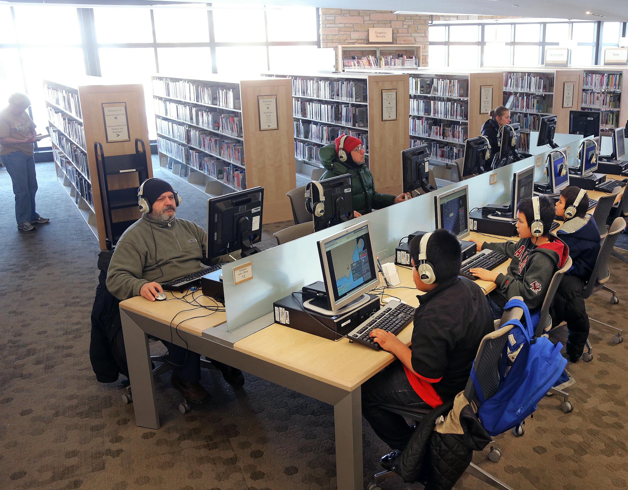 The Main room of the Nokomis Community Library, serving the Nokomis East area, 5100 S 34th Ave, Minneapolis, MN 55417, After a 20 month renovation project the community now has a 4,300-square-foot addition, with more room for children, teens and adults, with a refreshed collection of books, CDs and DVDs. The room is full of computers, and also has a multi purpose meeting room now located on the main level are the highlights of the new facilities. [ TOM WALLACE • twallace@startribune.com _