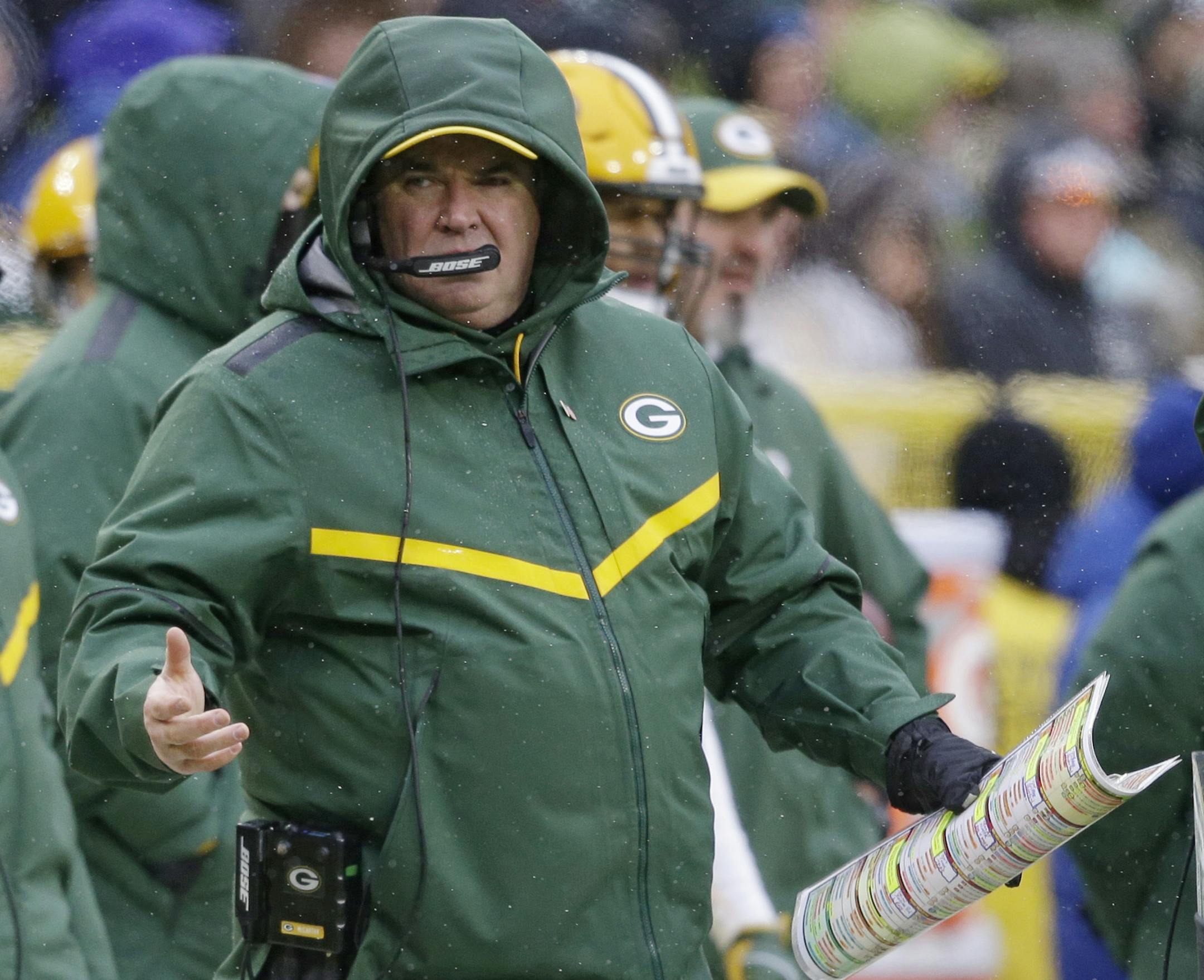 Green Bay Packers head coach Mike McCarthy reacts to a call made on the field during the second half of an NFL football game against the Arizona Cardinals, Sunday, Dec. 2, 2018, in Green Bay, Wis. McCarthy was fired as head coach following the game. (AP Photo/Jeffrey Phelps)