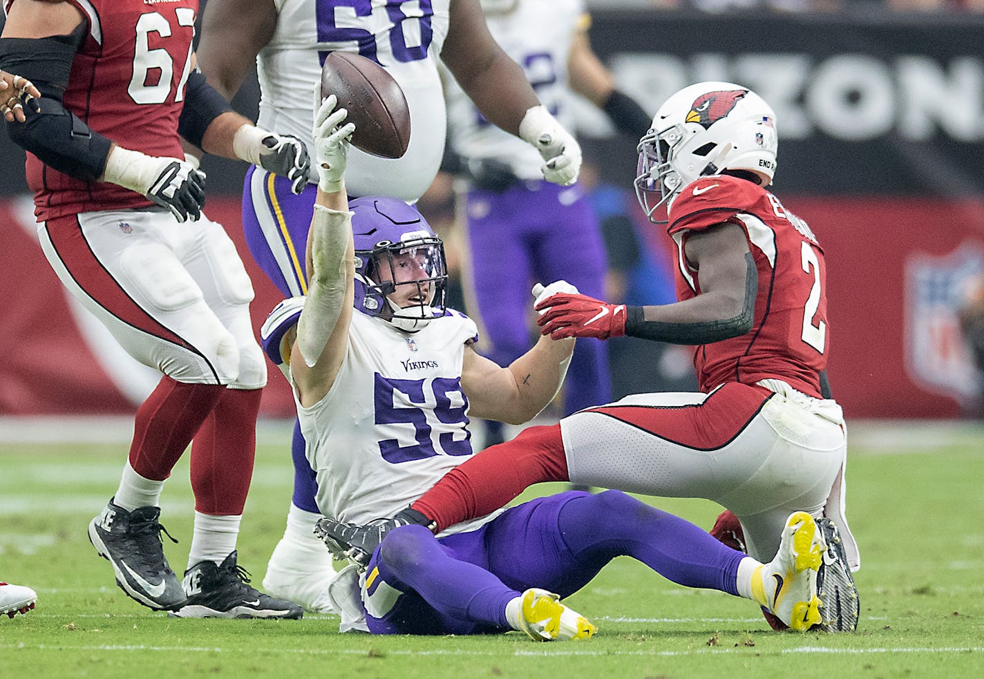 Vikings outside linebacker Nick Vigil (59) thought he recovered the ball as he was taking Cardinals running back Chase Edmonds (2) down in the fourth quarter as Minnesota Vikings took on the Arizona Cardinals at State Farm Stadium, Sunday, September 19, 2021 in Glendale, AZ. ] ELIZABETH FLORES • liz.flores@startribune.com