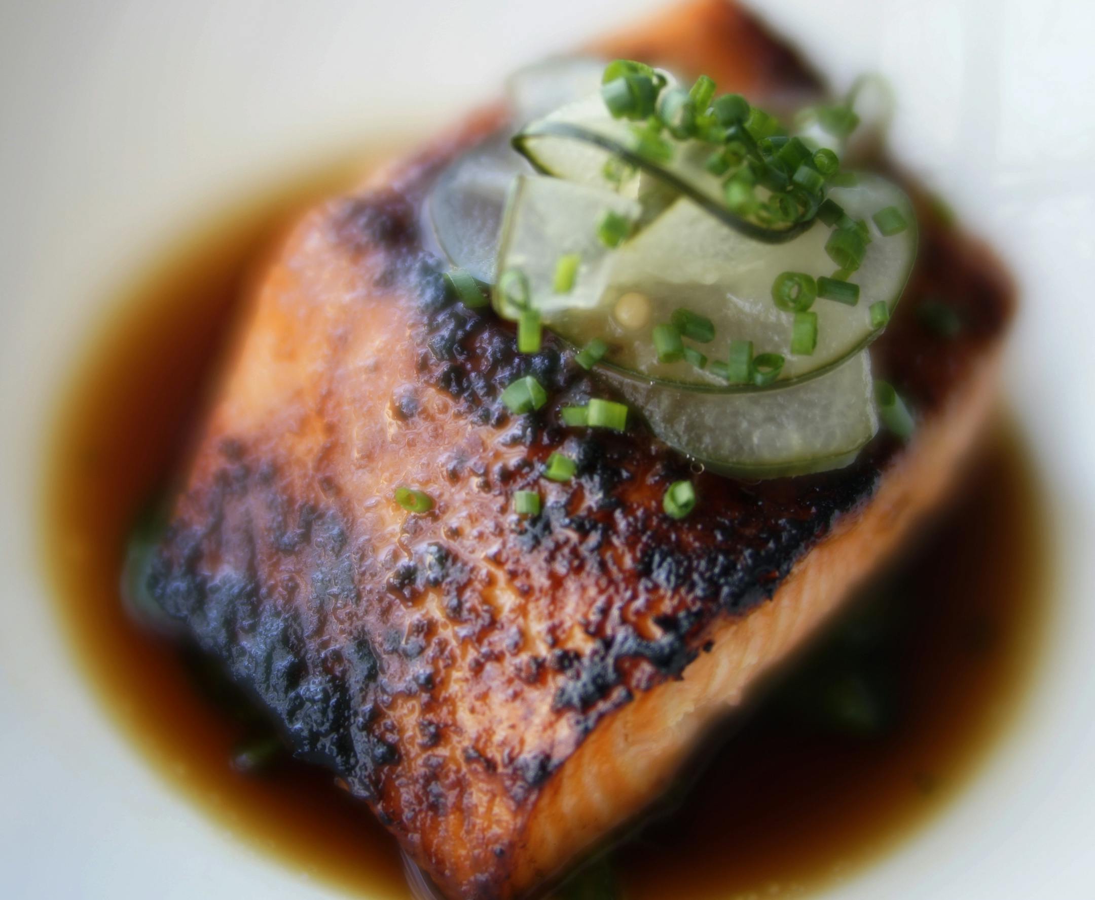 The miso glazed salmon features dashi and cucumber. Chef/owner Alex Roberts has revitalized his 17-year-old operation with the addition of an all-day cafe and a small hotel (and a spruce-up of his dinner-only dining room).