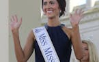 FILE - In this Tuesday, Aug. 30, 2016 file photo, Miss Missouri, Erin O'Flaherty waves as she is introduced during Miss America Pageant arrival ceremo