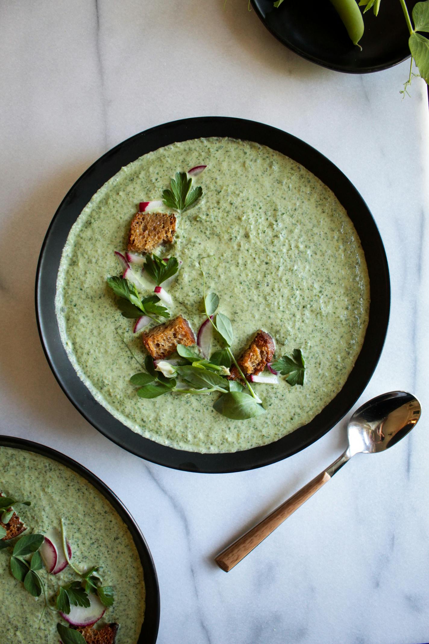 Garnish a cool lettuce soup with radishes, herbs, croutons — anything that strikes your fancy. Recipe by Beth Dooley, photo by Ashley Moyna Schwickert