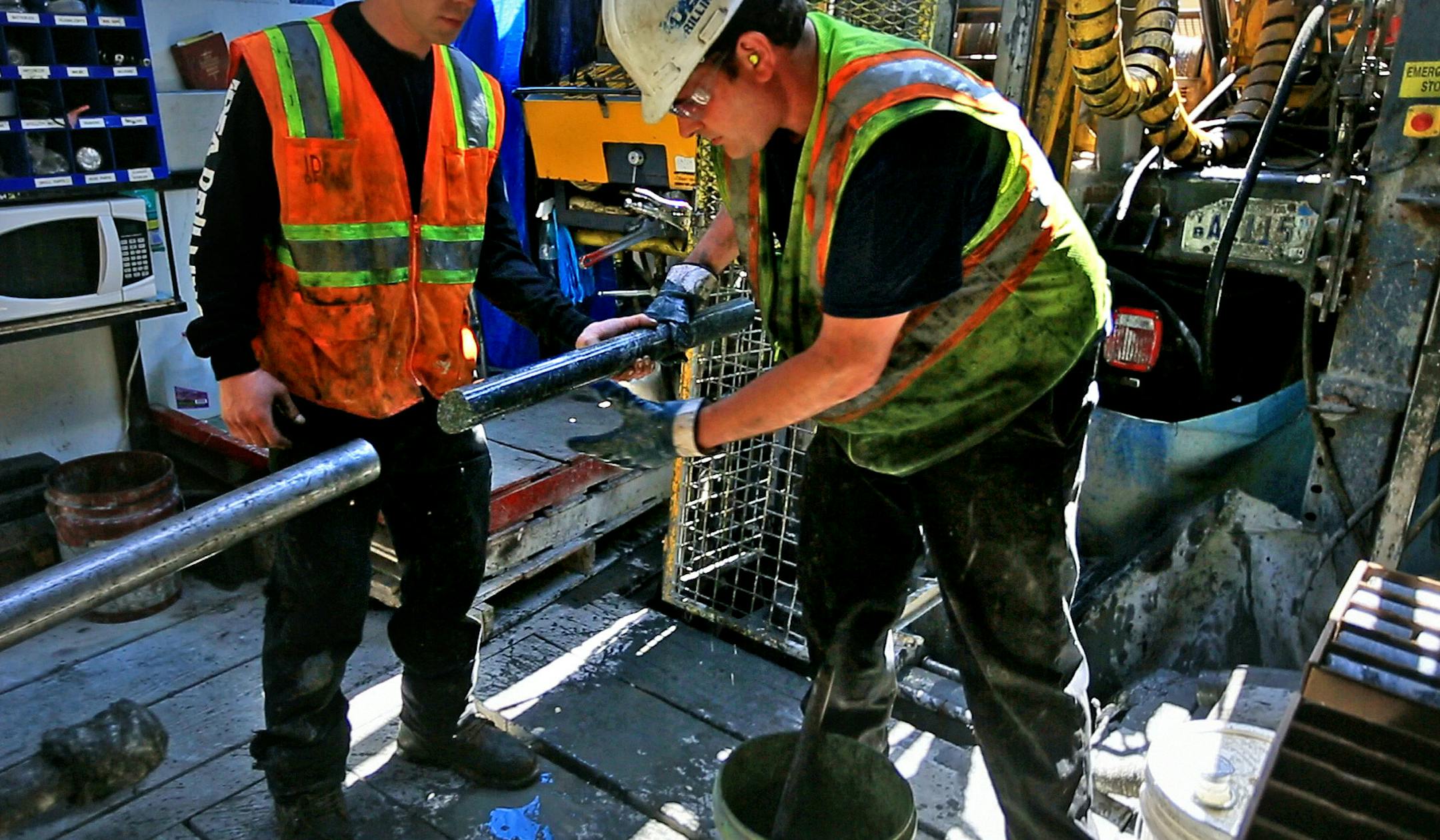 Not since the battle of 1978 to designate the BWCA as a wilderness area has the town of Ely been so divided. This time it's the possibility of Copper/Nickel mining and the promised jobs it brings -vs- the fear that mining so close to the BWCA could contaminate the water. Here, drillers for Twin Metals, at a site near the Kiwishiwi River, pull a core sample from the drill pipe. ]
BRIAN PETERSON &#xa5; brianp@startribune.com
ELY, MN - 05/30/2013