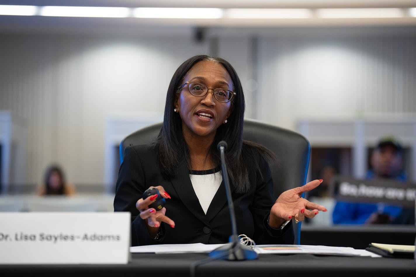 Lisa Sayles-Adams made her opening statement to the school board. Sayles-Adams is one of the two finalists to be superintendent of Minneapolis Public Schools. She was introduced to the public at a meet and greet and then interviewed by the school board Wednesdayt night, November 29, 2023 at the Davis Center in Minneapolis. ] JEFF WHEELER • Jeff.Wheeler@startribune.com