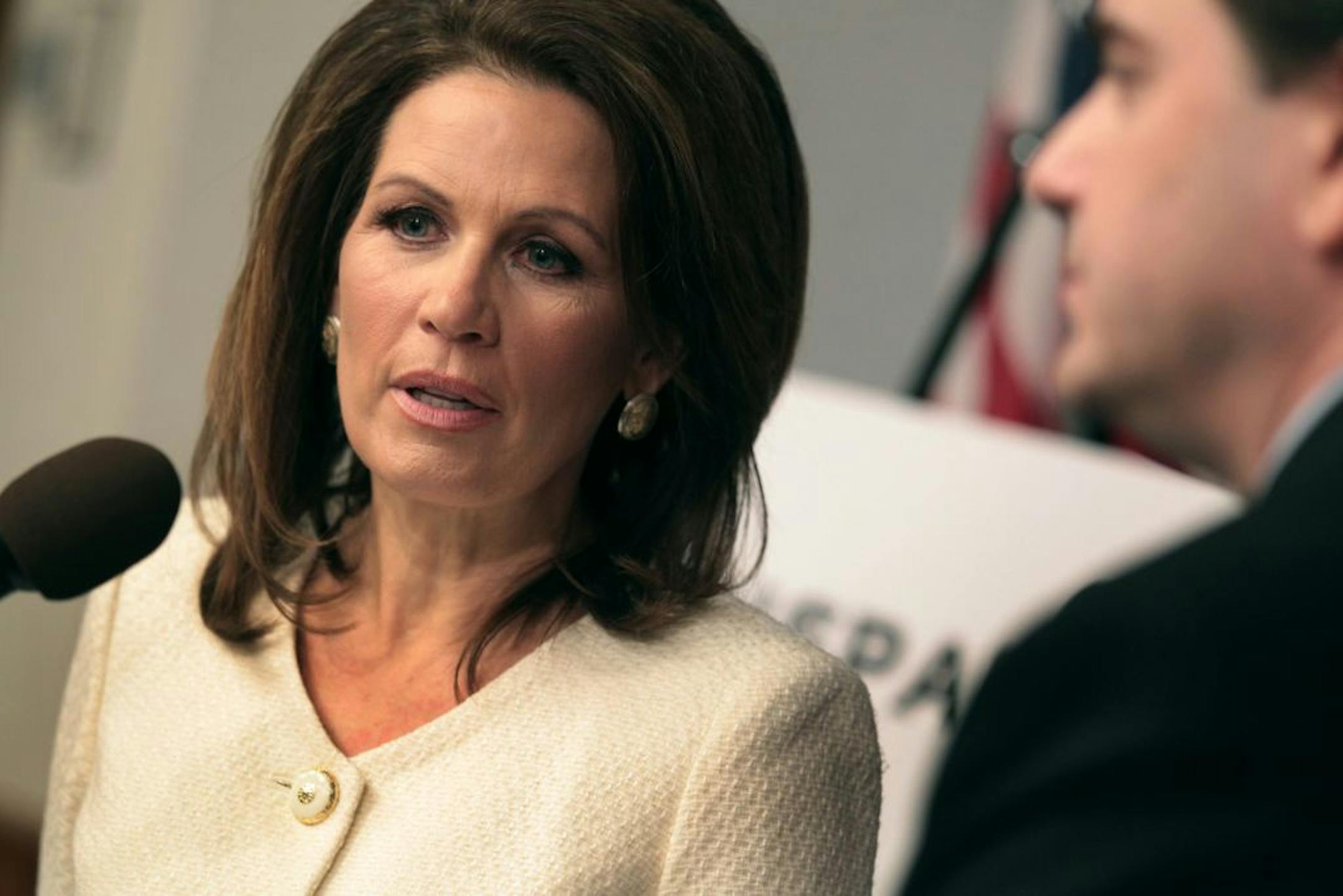 Rep. Michele Bachmann and state Sen. Sean Nienow at the State Capitol Monday. Nienow introduced a Medicaid audit bill last week.